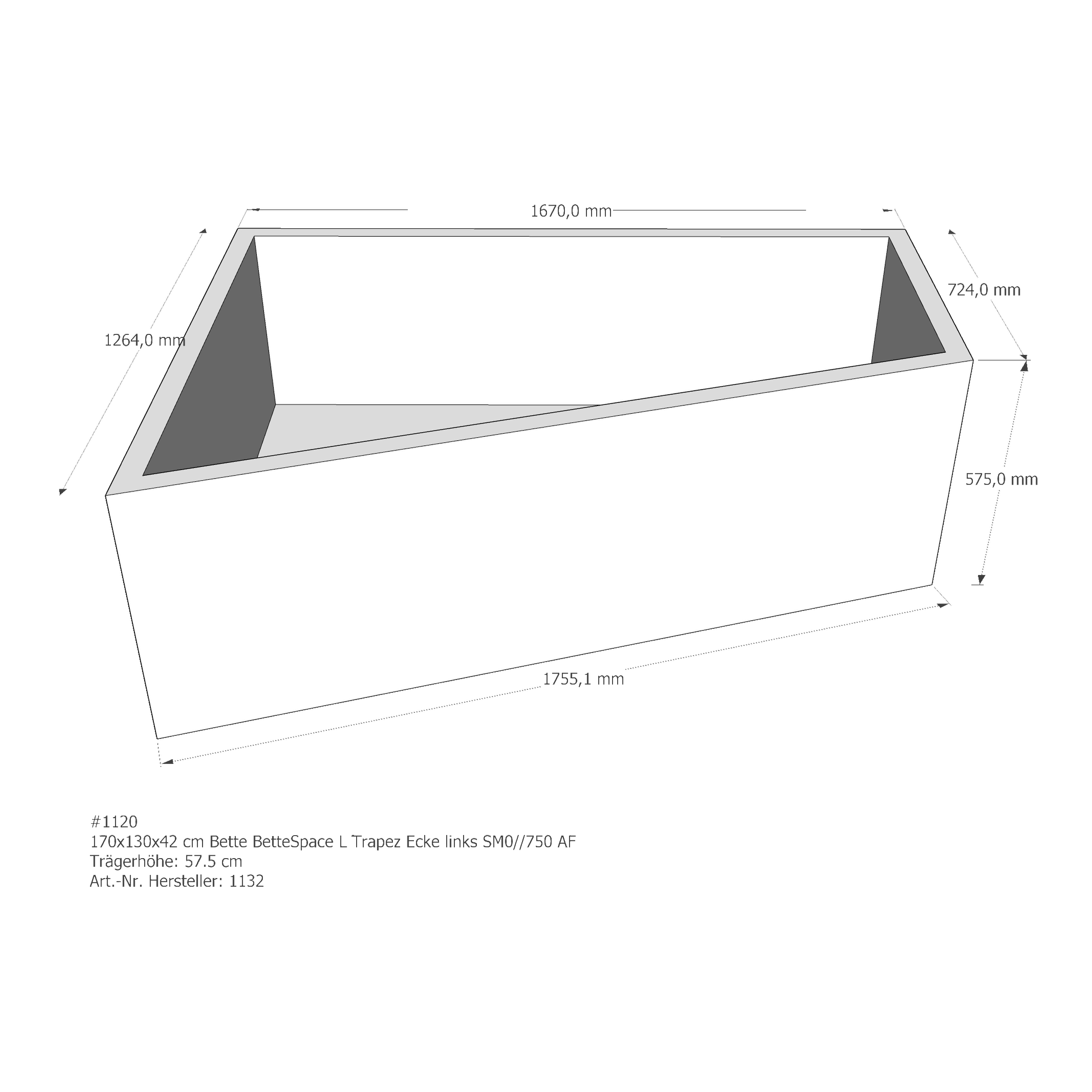Badewannenträger für Bette Space L links 170 × 130 × 42 cm Badewannenträger für Bette Space L links 170 × 130 × 42 cm