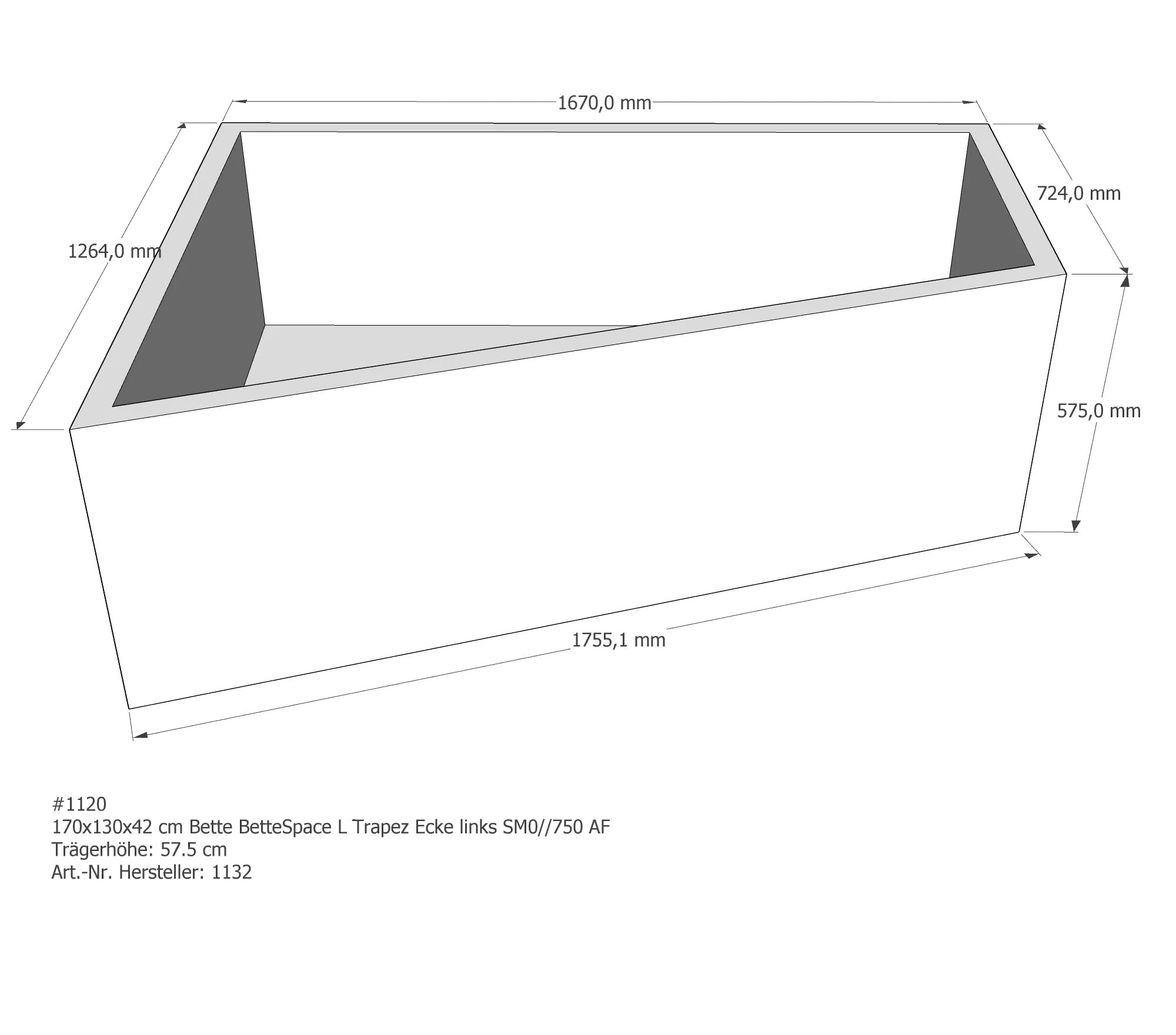 Badewannenträger für Bette Space L links 170 × 130 × 42 cm