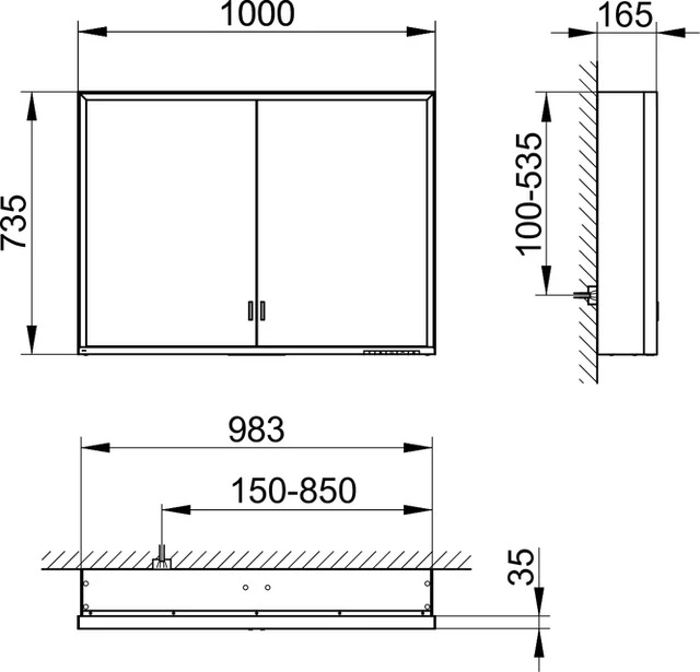 Royal Lumos 14304172301 Spiegelschrank Royal Lumos Wandvorbau, lange Türen 1000 × 735 × 165 mm silber-eloxiert