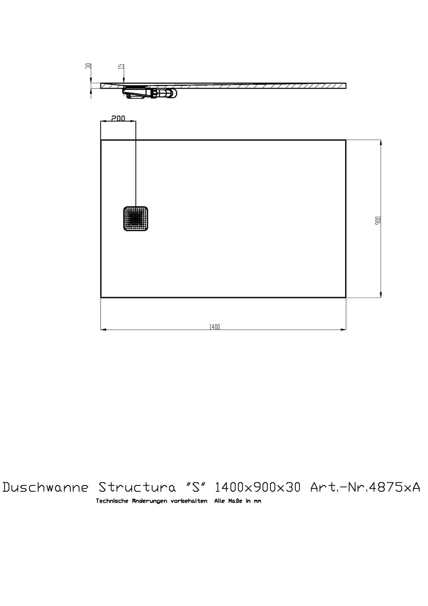 Duschwanne Structura ″S″ 1400x900x30 in gesoftete Schieferoptik, mit Antirutsch B, Material Solique, Weiß