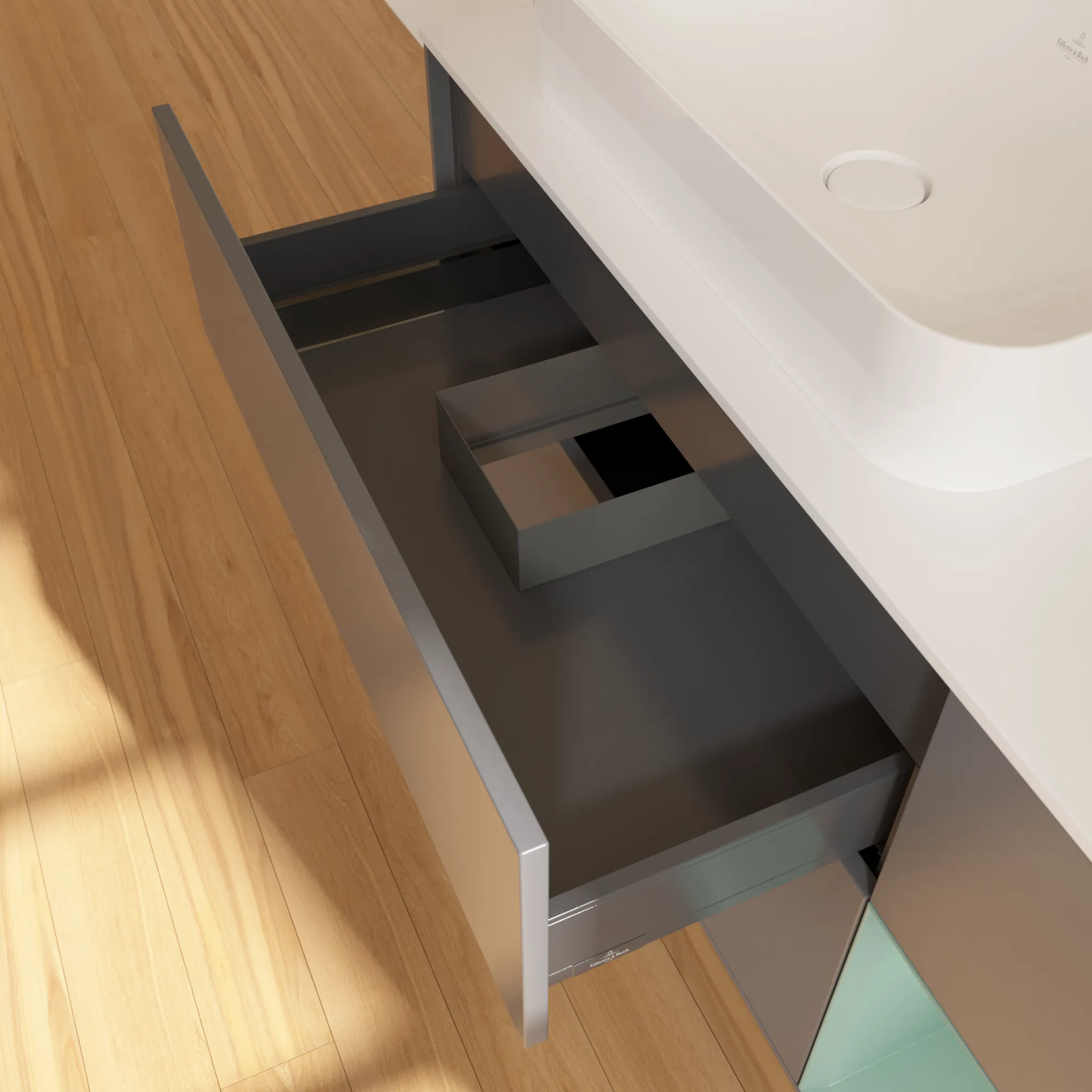 Villeroy & Boch Waschtischunterschrank „Finion“ für Schrankwaschtisch 1200 × 603 × 501 mm Anthracite Matt Lacquer, für Becken links, mit Hahnlochbohrung Villeroy & Boch Waschtischunterschrank „Finion“ für Schrankwaschtisch 1200 × 603 × 501 mm Anthracite Matt Lacquer, für Becken links, mit Hahnlochbohrung