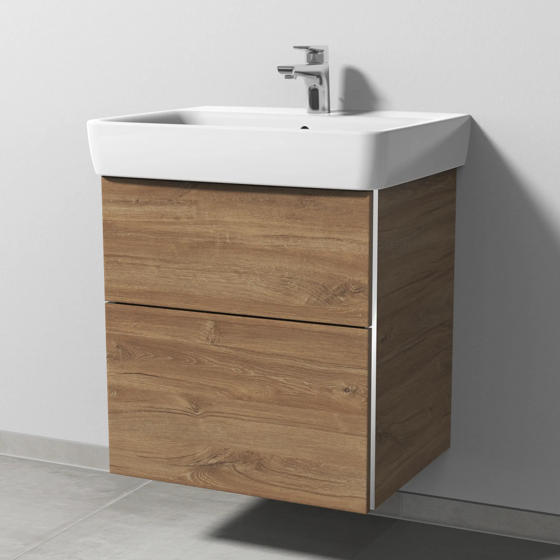 Sanipa Waschtischunterschrank „3way“ passend zu Keramik-Waschtische Renova Plan von Geberit 540 × 588 × 447 mm in Eiche Kansas, Becken mittig