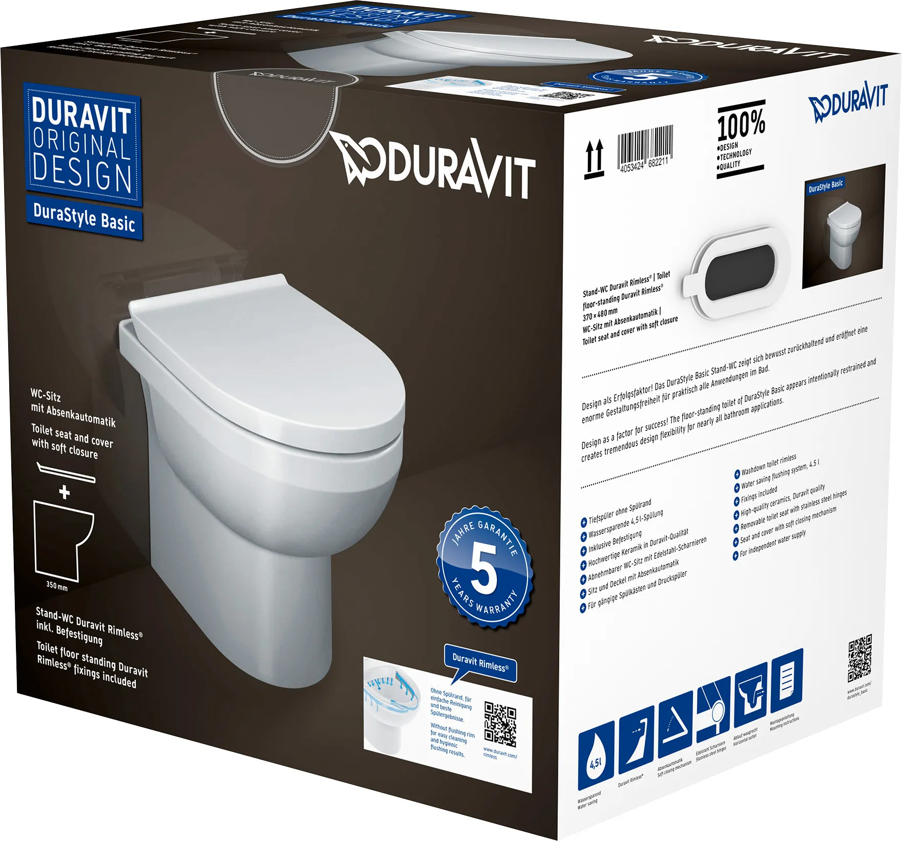 Duravit Stand-Tiefspül-WC inkl. WC-Sitz „No.1“ 51 × 38,6 × 46,5 cm, Befestigung sichtbar