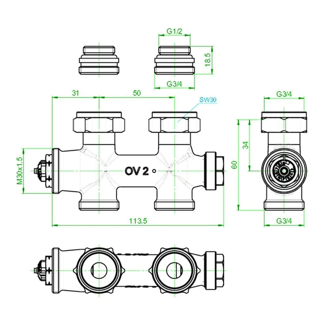 Design in Bad Anschlussgarnitur inkl. Thermostat für Heizkörper mit 50 mm Anschluss Durchgangsform „Multiblock T“ in weiß