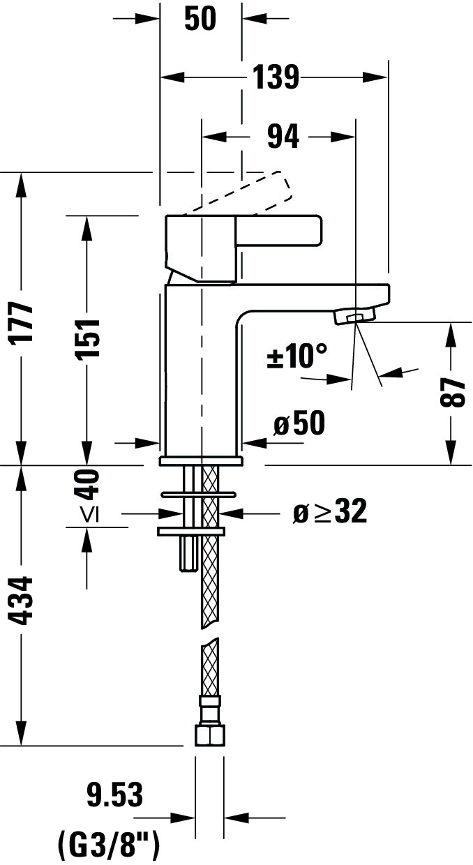 D-Neo Einhebel-Waschtischmischer S ohne Zugstange, Ausladung 94mm
