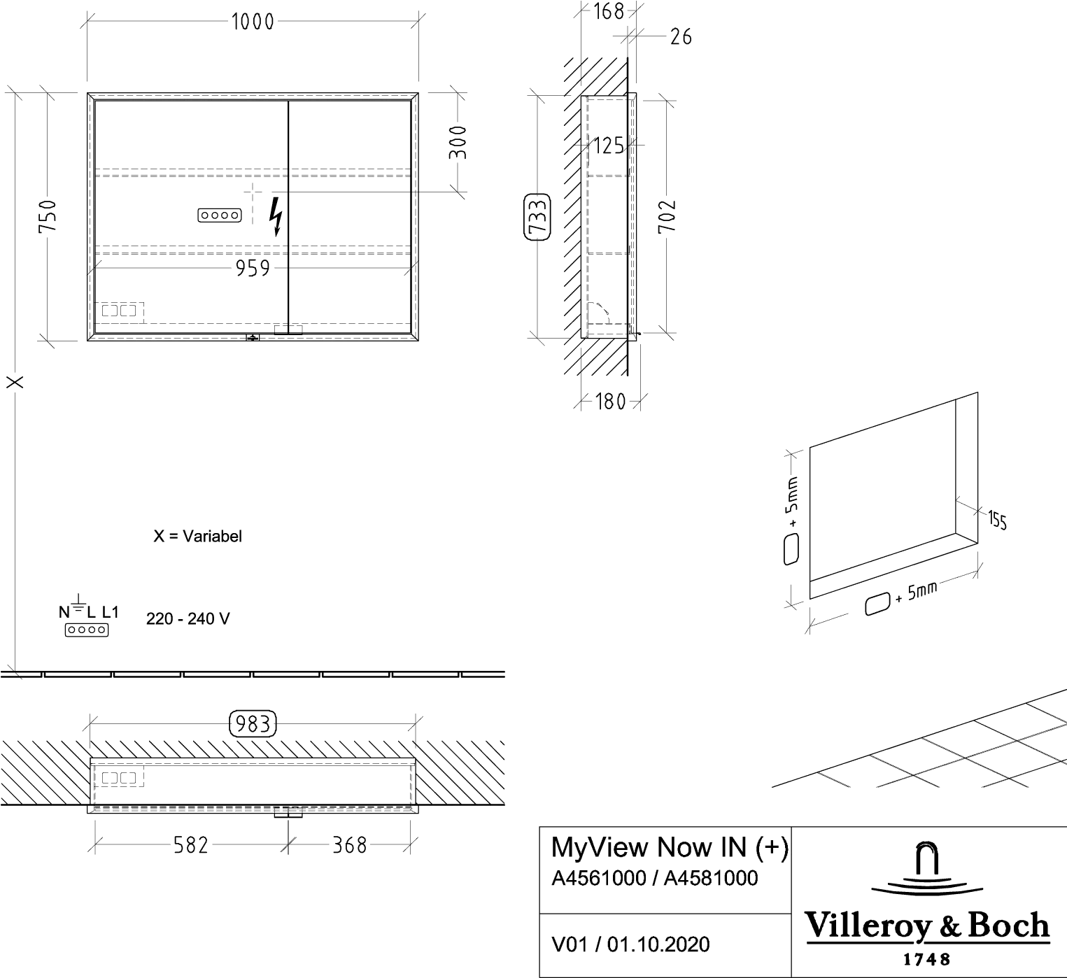 Villeroy & Boch Einbau-Spiegelschrank My View Now A45810, 1000 x 750 x 168 mm