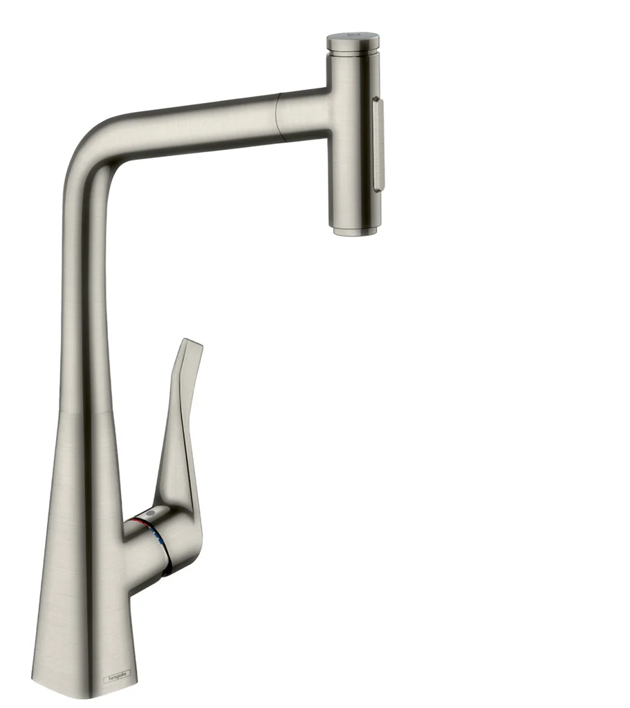 Hansgrohe Metris Select M71 Einhebel-Küchenmischer 320 mit Ausziehbrause, 2-Jet, Edelstahl-Optik, Schwenkbereich 110° oder 150°, max. Durchfluss 8 l/min, Keramikmischsystem