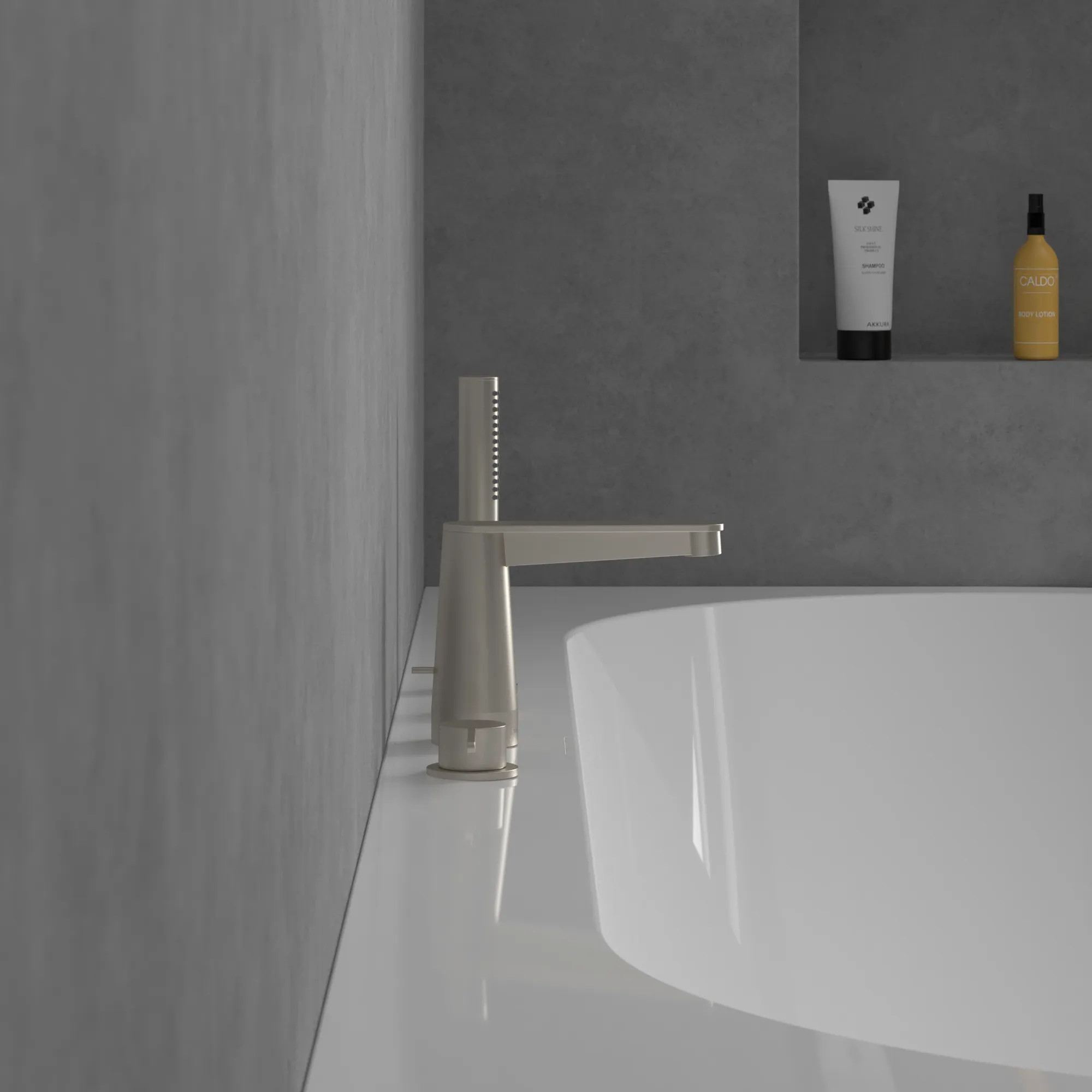 Zweihand-Wannenarmatur „Conum“ Ausladung 129 mm in Brushed Nickel Matt Zweihand-Wannenarmatur „Conum“ Ausladung 129 mm in Brushed Nickel Matt
