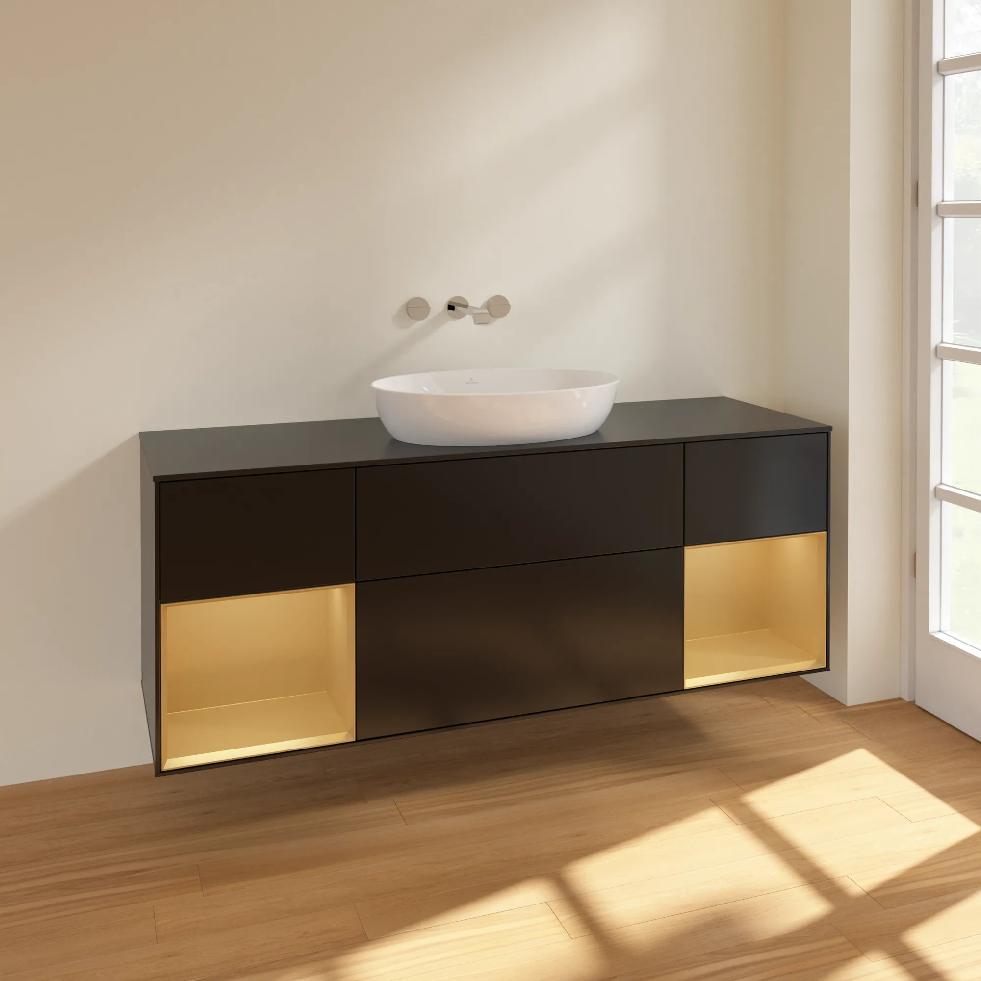 Villeroy & Boch Waschtischunterschrank „Finion“ für Schrankwaschtisch 1600 × 603 × 501 mm Black Matt Lacquer, für Becken mittig, ohne Hahnlochbohrung