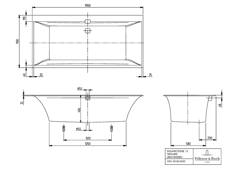 Villeroy & Boch Badewanne „Squaro Edge 12“ rechteck 190 × 90 cm, Mittelablauf