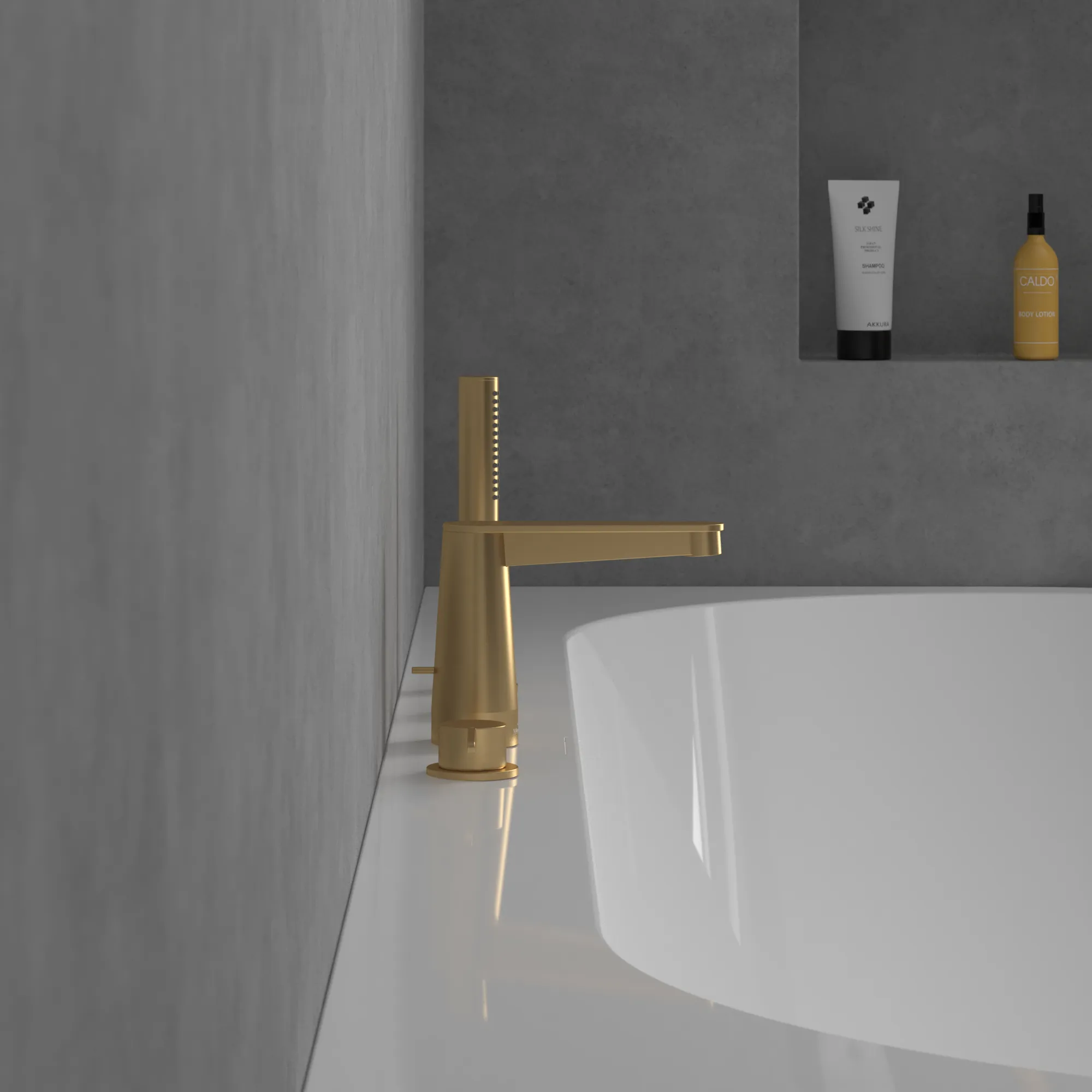 Villeroy & Boch Conum Vierloch-Badewannenrandarmatur, Brushed Gold, 455x165x124 mm, Höhe 124 mm, inkl. Schlauch und Handbrause