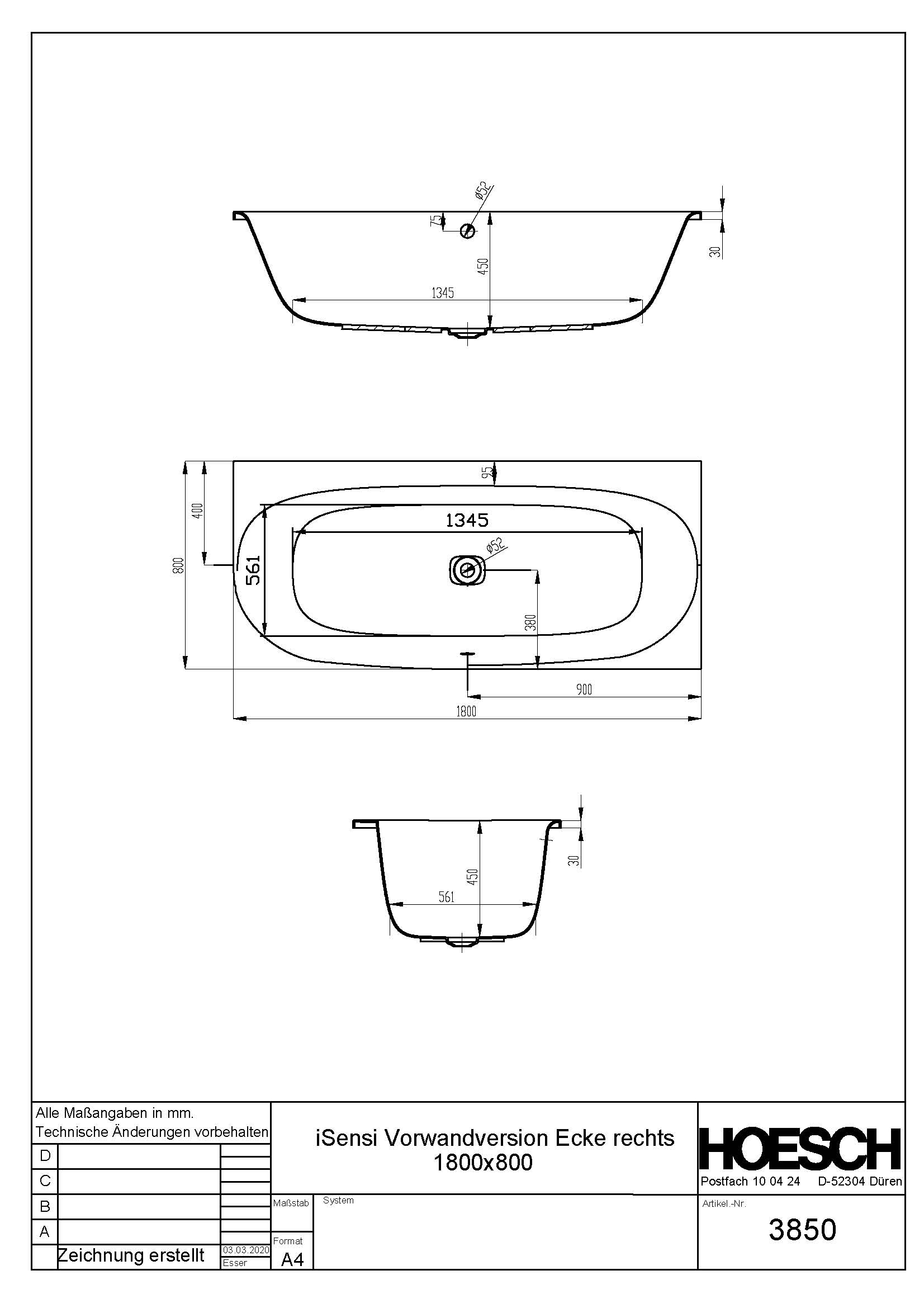 Hoesch Badewanne „iSensi“ eck, asymmetrisch 180 × 80 cm, rechts in 