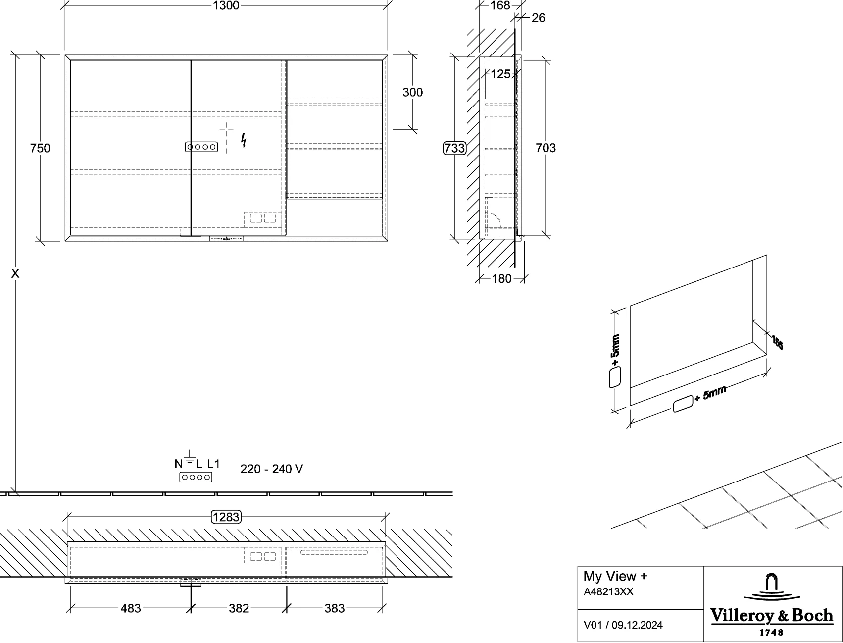 Villeroy & Boch Einbau-Spiegelschrank My View+ A48213, 1300 x 750 x 168 mm, mit Beleuchtung, Nordic Oak
