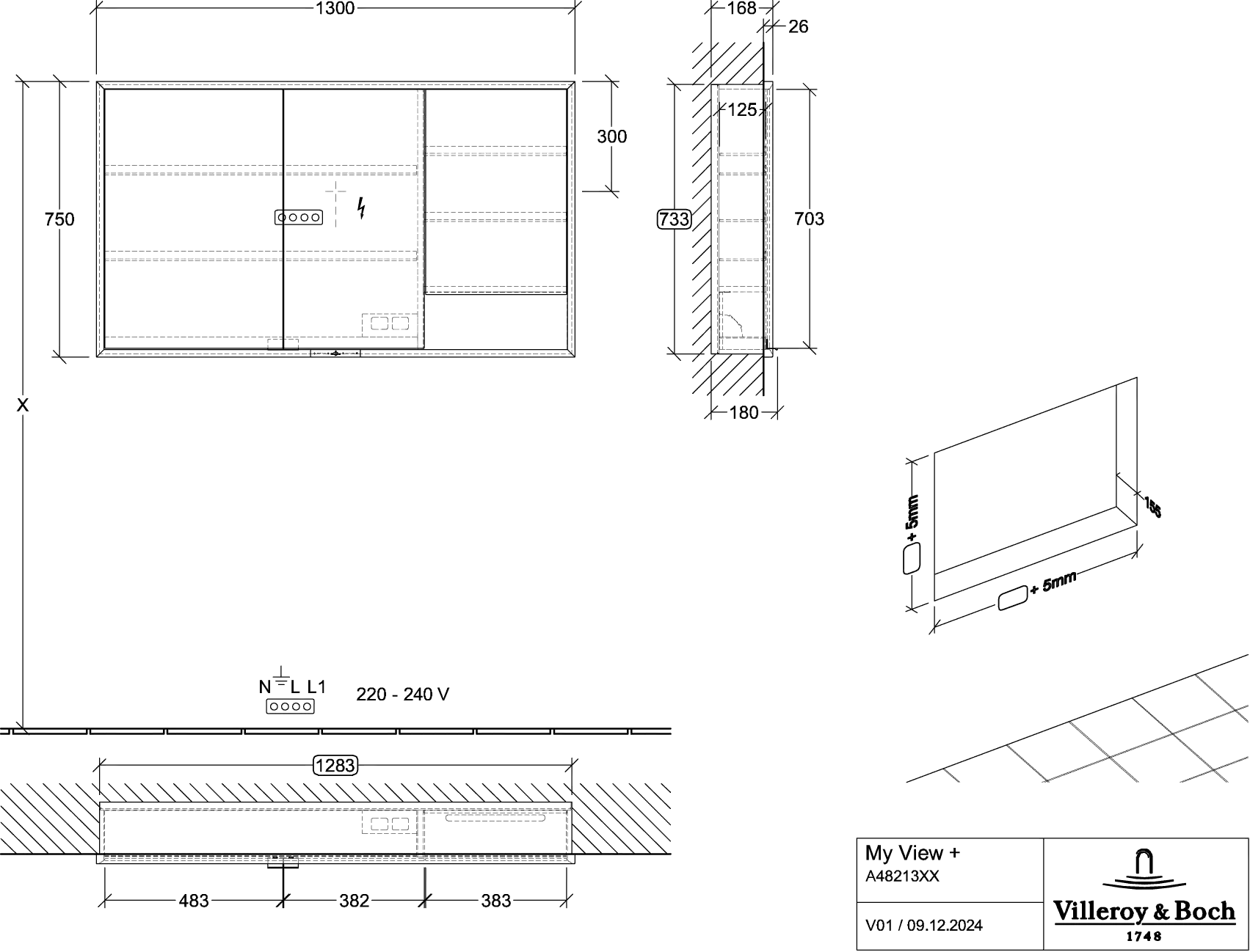Villeroy & Boch Einbau-Spiegelschrank My View+ A48213, 1300x750x168 mm, Wine Red
