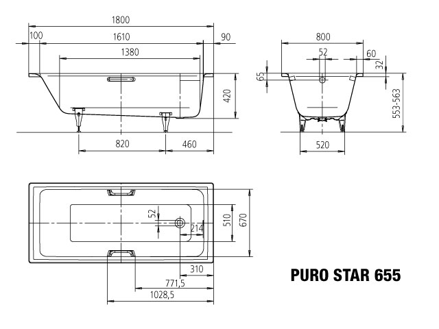 Kaldewei Badewanne „Puro“ Star rechteck 180 × 80 cm, mit Grifflochbohrungen mit Überlaufbohrung, in alpinweiß