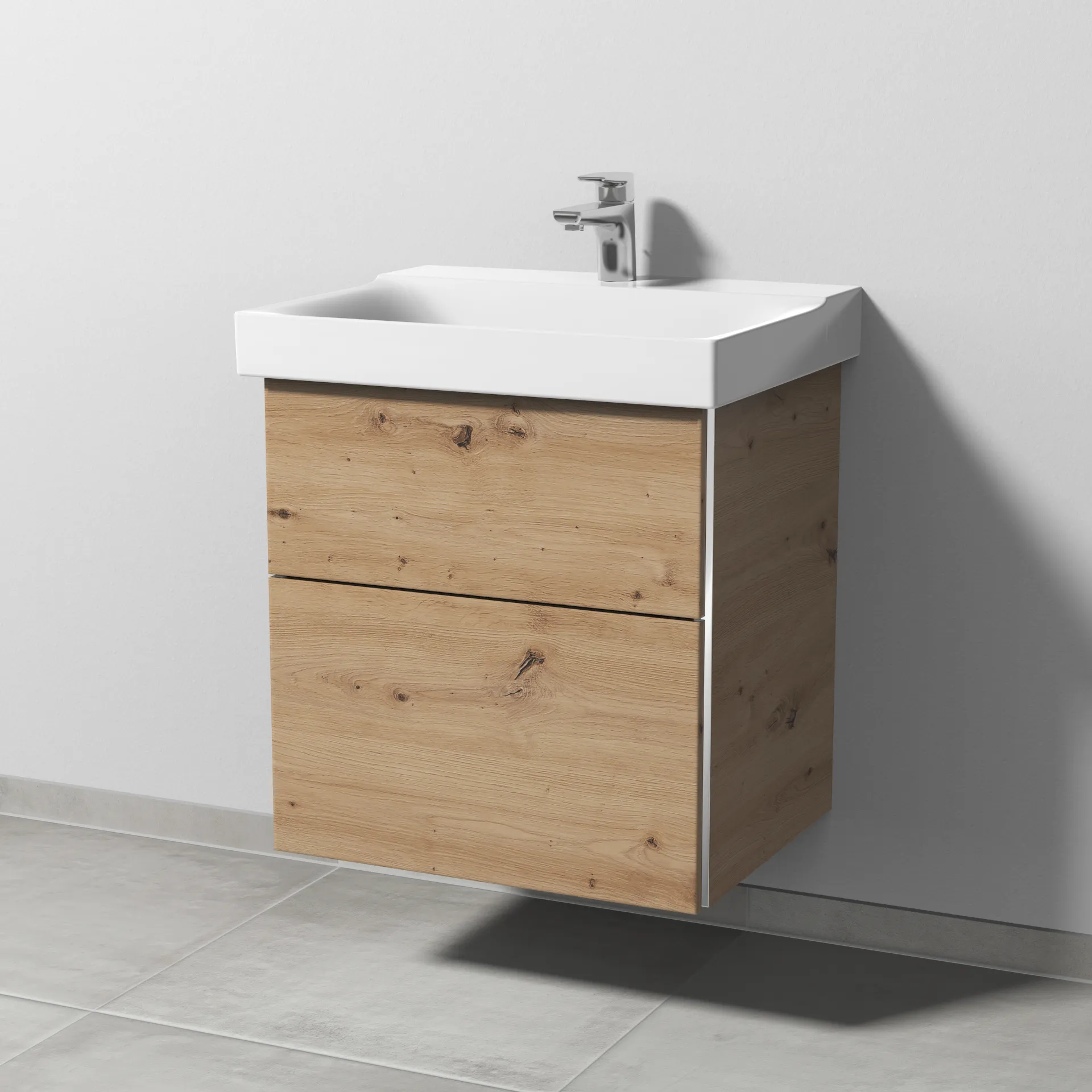 Sanipa Waschtischunterschrank „3way“ passend zu Keramik-Waschtische Xeno2 von Geberit 550 × 593 × 452 mm in Eiche Natural-Touch, Becken mittig