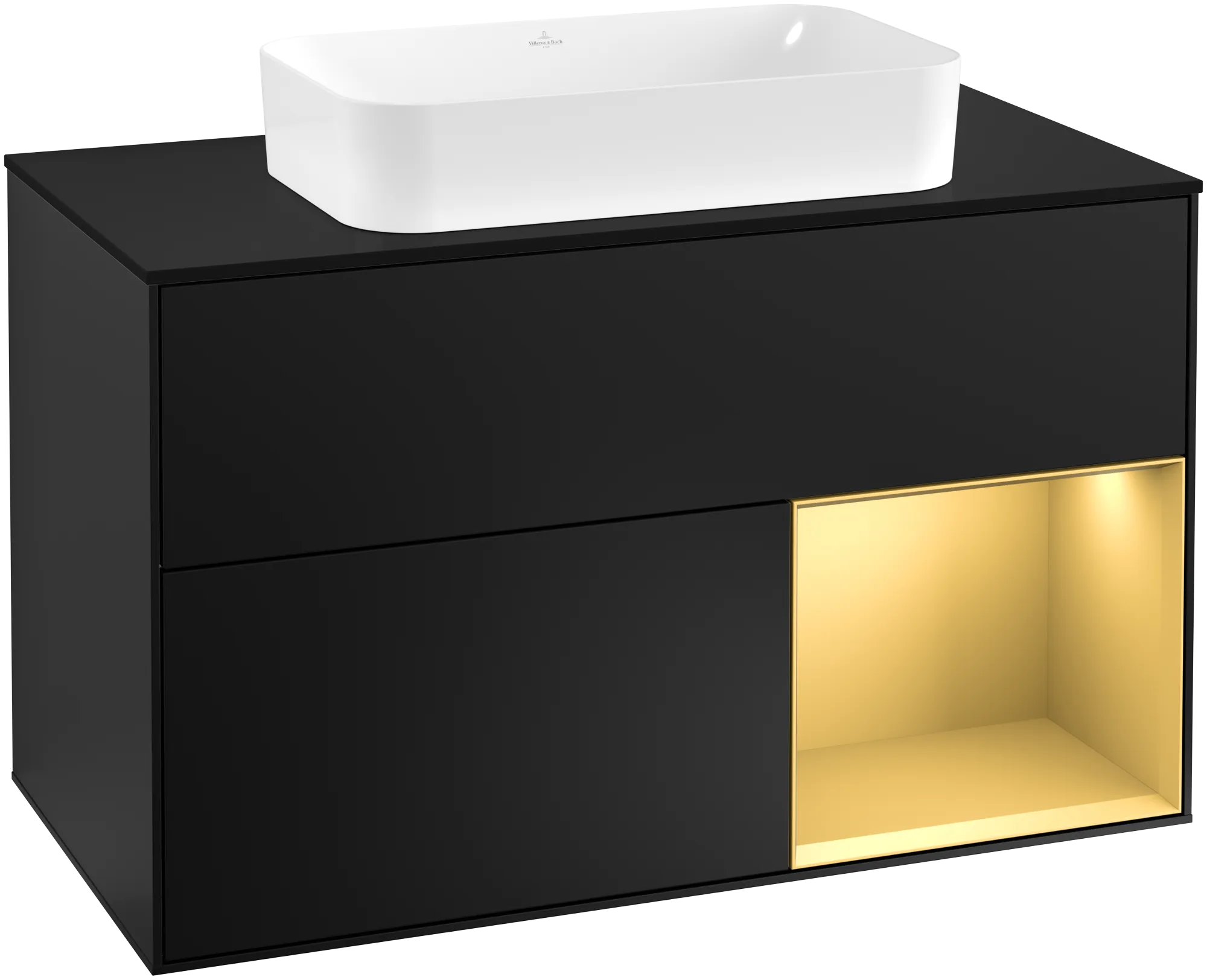 Villeroy & Boch Finion Waschbeckenunterschrank F25, 1000 x 603 x 501 mm, Black Matt Lacquer / Gold Matt Lacquer / Glass Black Matt