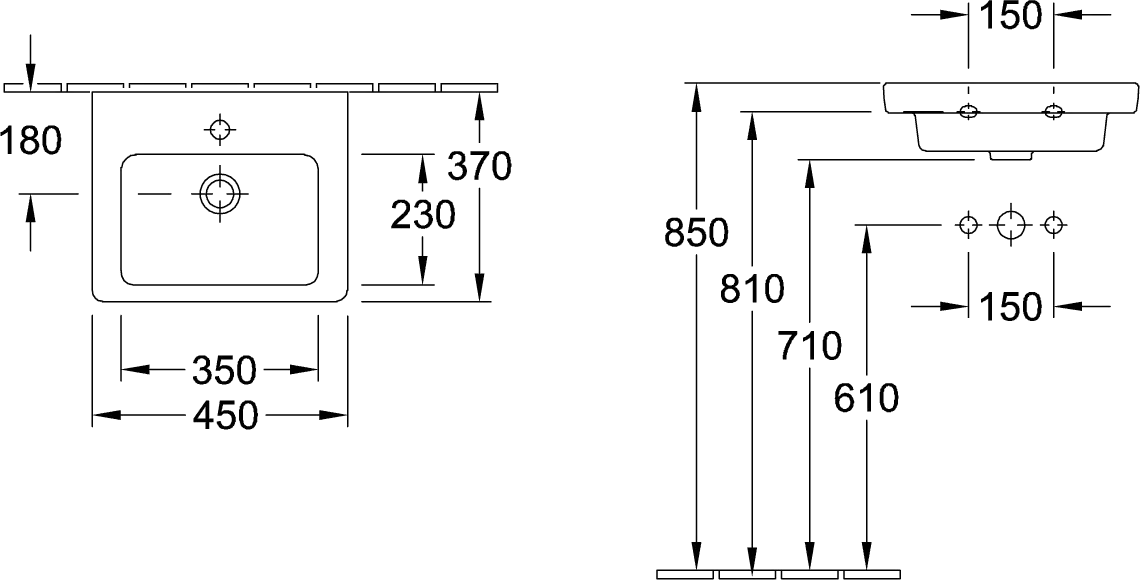 Handwaschbecken für Montage mit Möbel „Subway 2.0“ 45 × 37 × 15,5 cm, mit Hahnlochbohrung, Hahnlochposition mittig, mit Hahnlochbank