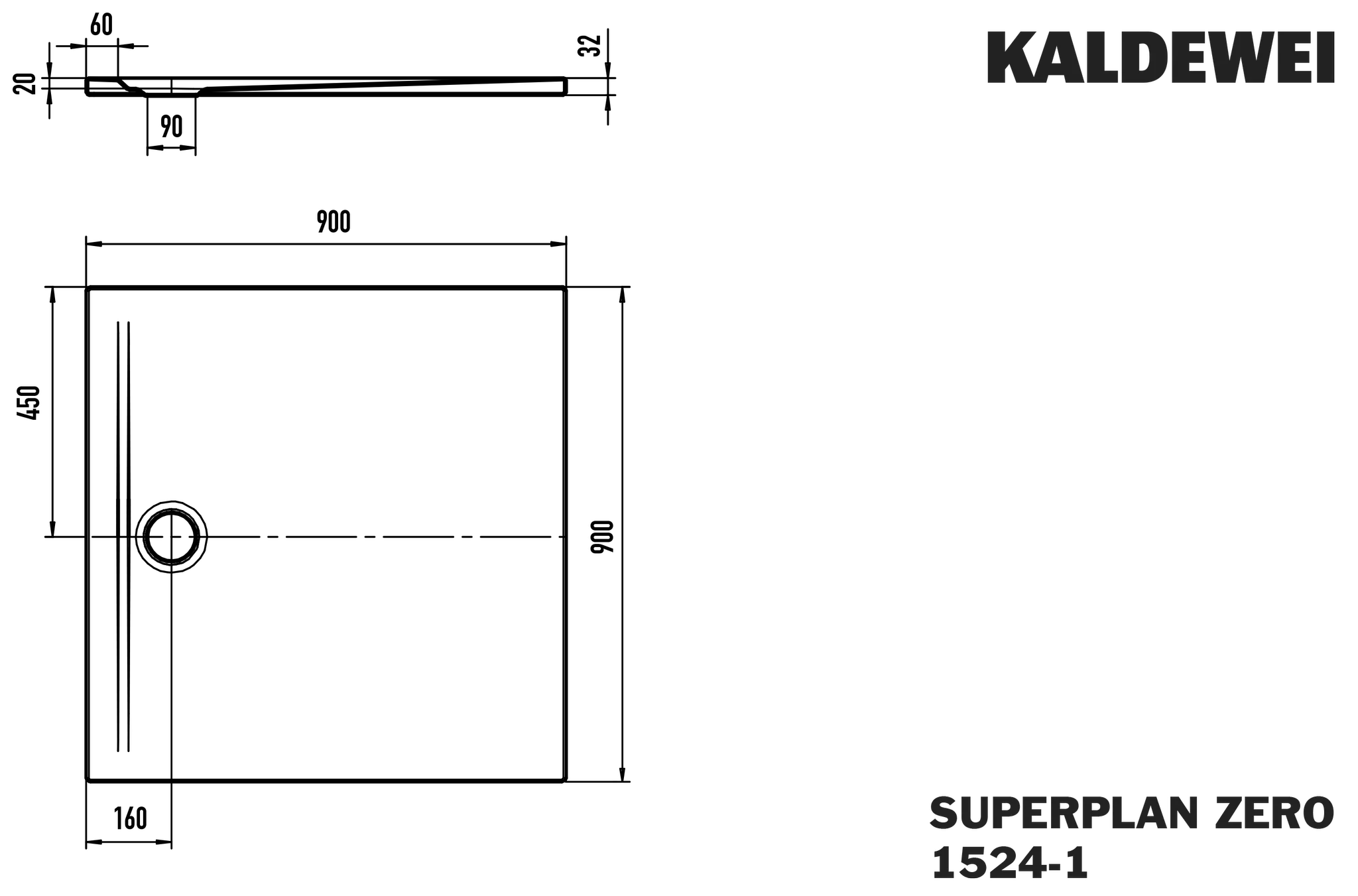Kaldewei SUPERPLAN ZERO Duschfläche, alpinweiß, 900x900x20 mm, bodeneben, seitlicher mittiger Ablauf