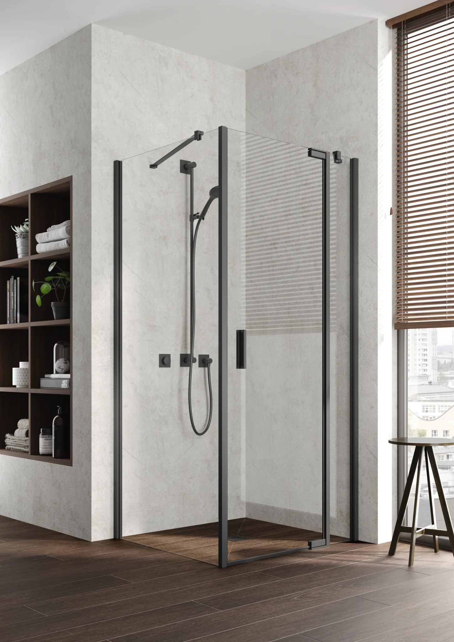 Kermi Duschdesign Pendeltür 1-flügelig mit Festfeld „Yanea“ Anschlag rechts Glas Klar, Profile Silber Hochglanz, Anschlag rechts WE: 1013 – 1043/1023