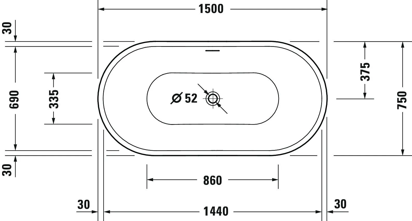 Duravit Badewanne „DuraSenja“ freistehend oval 1500 × 750 mm in Weiß Duravit Badewanne „DuraSenja“ freistehend oval 1500 × 750 mm in Weiß