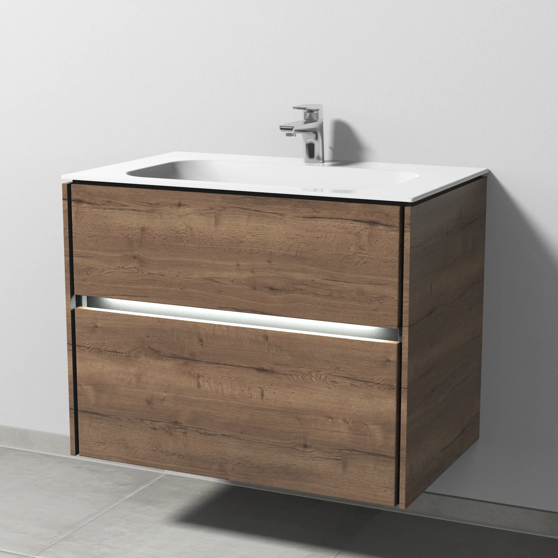 Keramik-Waschtisch-Set mit Waschtischunterschrank „Twiga“ 79 × 50 × 61 cm in Eiche Tabak, mit Hahnlochbohrung, mit Beleuchtung Keramik-Waschtisch-Set mit Waschtischunterschrank „Twiga“ 79 × 50 × 61 cm in Eiche Tabak, mit Hahnlochbohrung, mit Beleuchtung