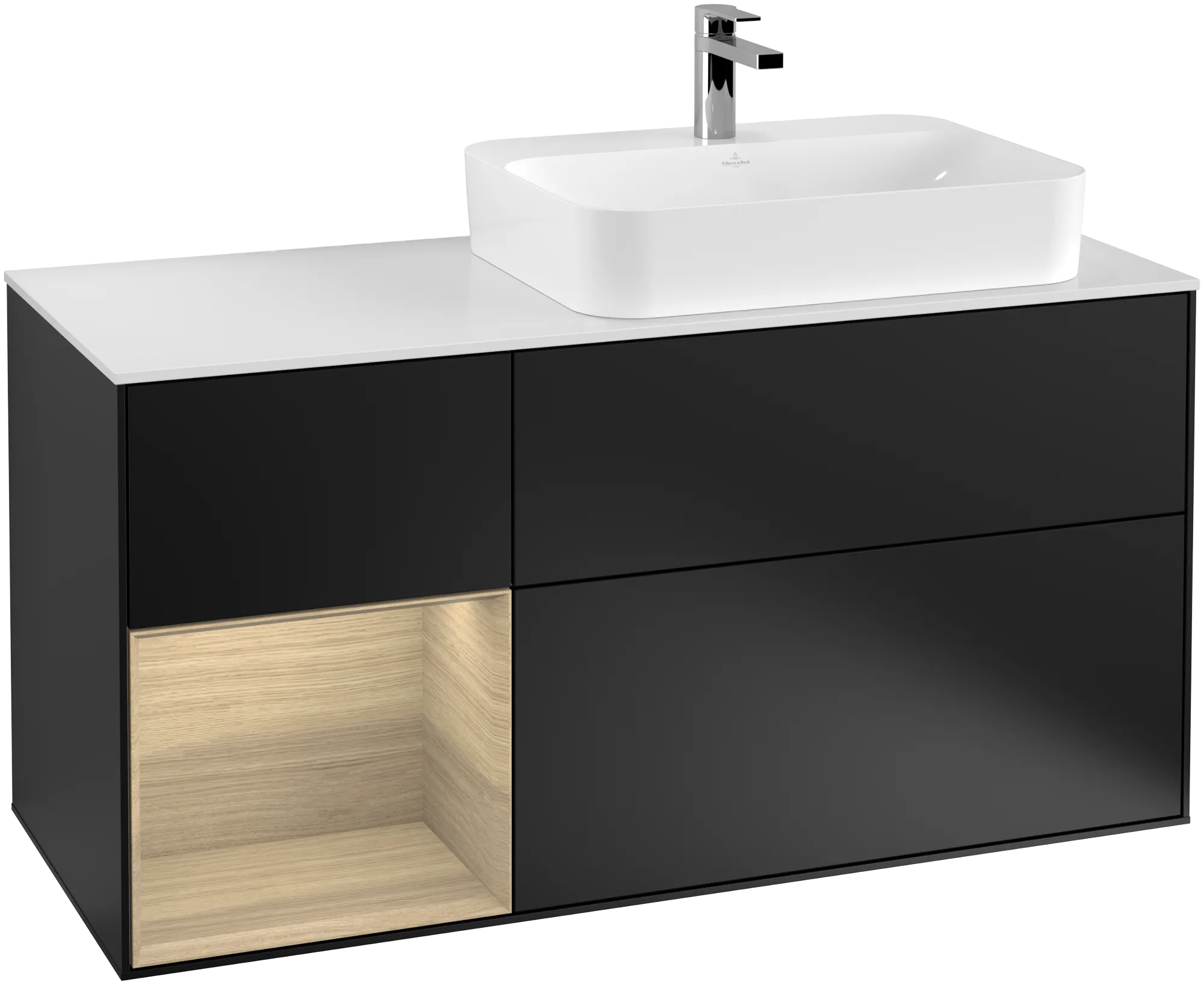 Villeroy & Boch Finion Waschbeckenunterschrank F39 1200x603x501mm Black Matt Lacquer / Oak Veneer / Glass White Matt