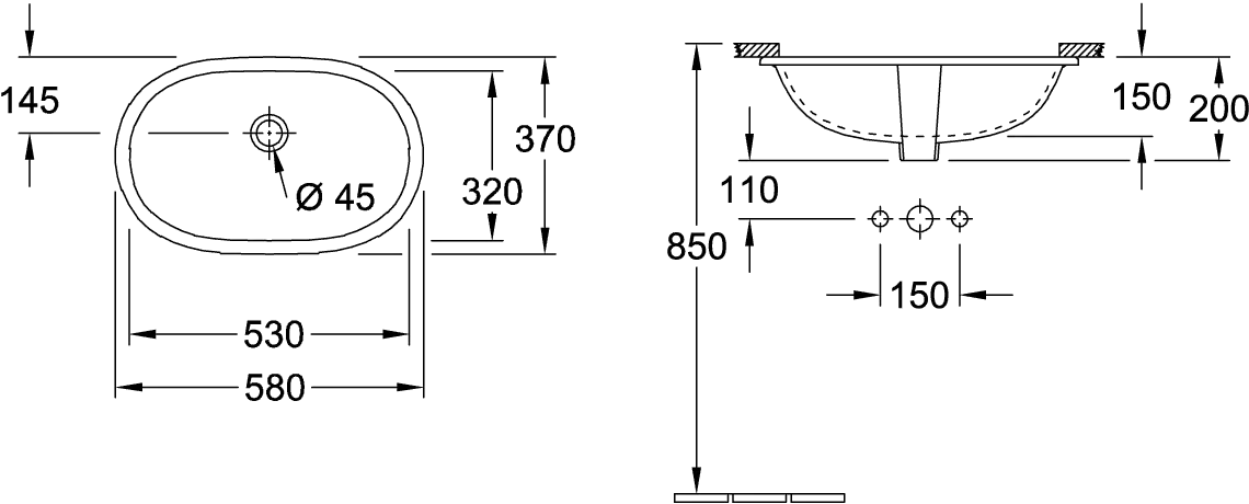 Villeroy & Boch Unterbauwaschtisch „O.novo“ 580 × 370 × 200 mm, ohne Hahnlochbohrung in Weiß Alpin