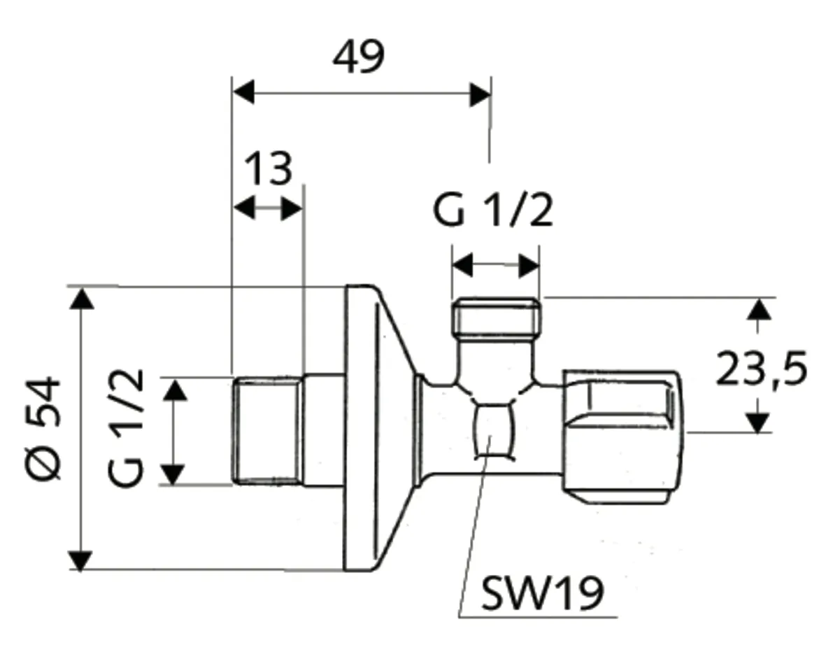 Eckventil mit Regulierfunktion COMFORT, COMFORT-Griff, Schubrosette Ø 54 mm, DN 15 G 1/2 AG, DN 15 G 1/2 AG, chrom