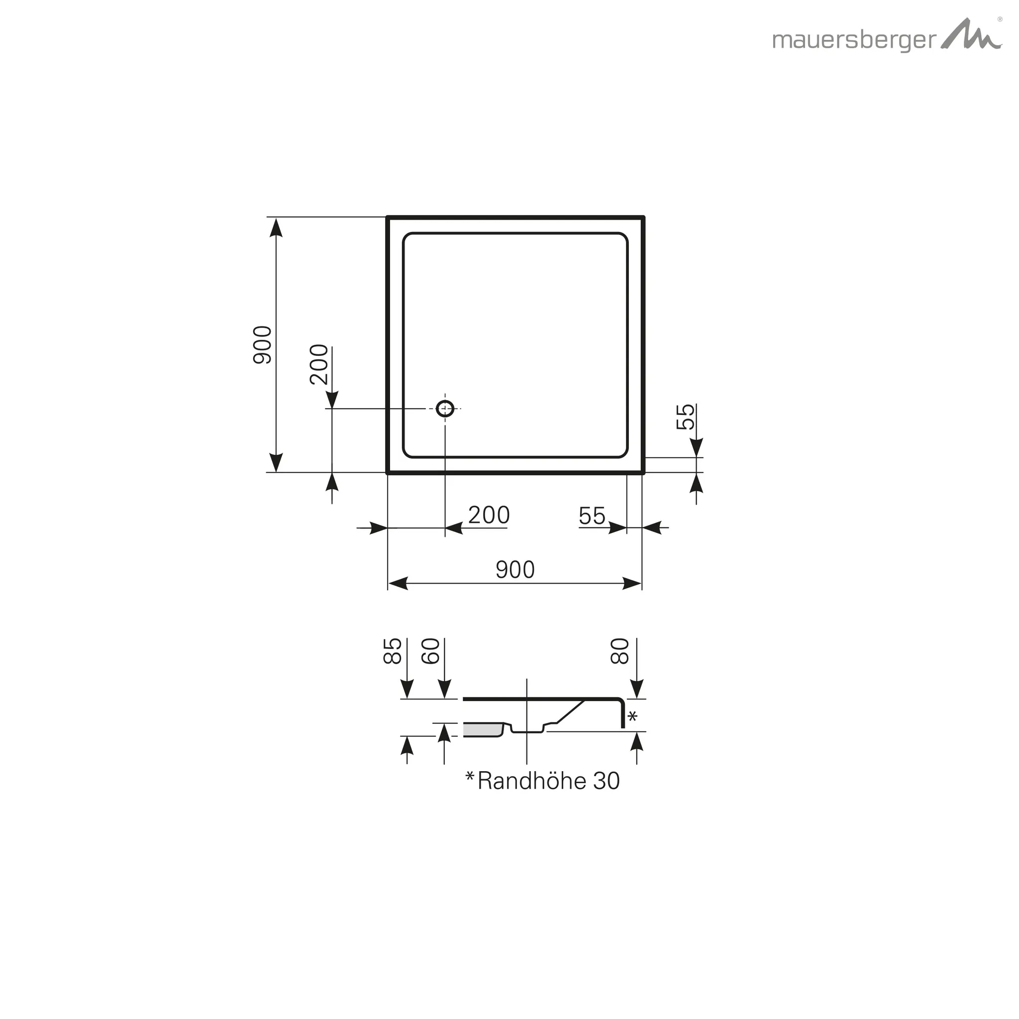 Mauersberger Acryl-Duschwanne localis 90⁄90 flach, 900x900x85, Farbgruppe: 2