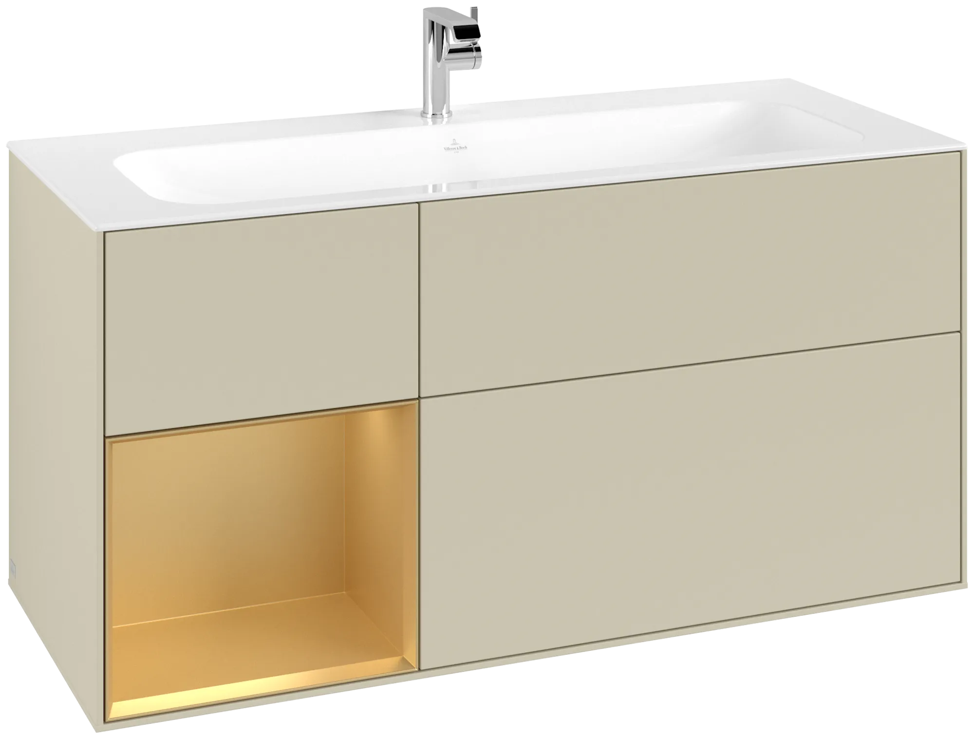 Villeroy & Boch Finion Waschbeckenunterschrank F06, 1196x591x498mm, mit Beleuchtung, Silk Grey Matt Lacquer / Gold Matt Lacquer