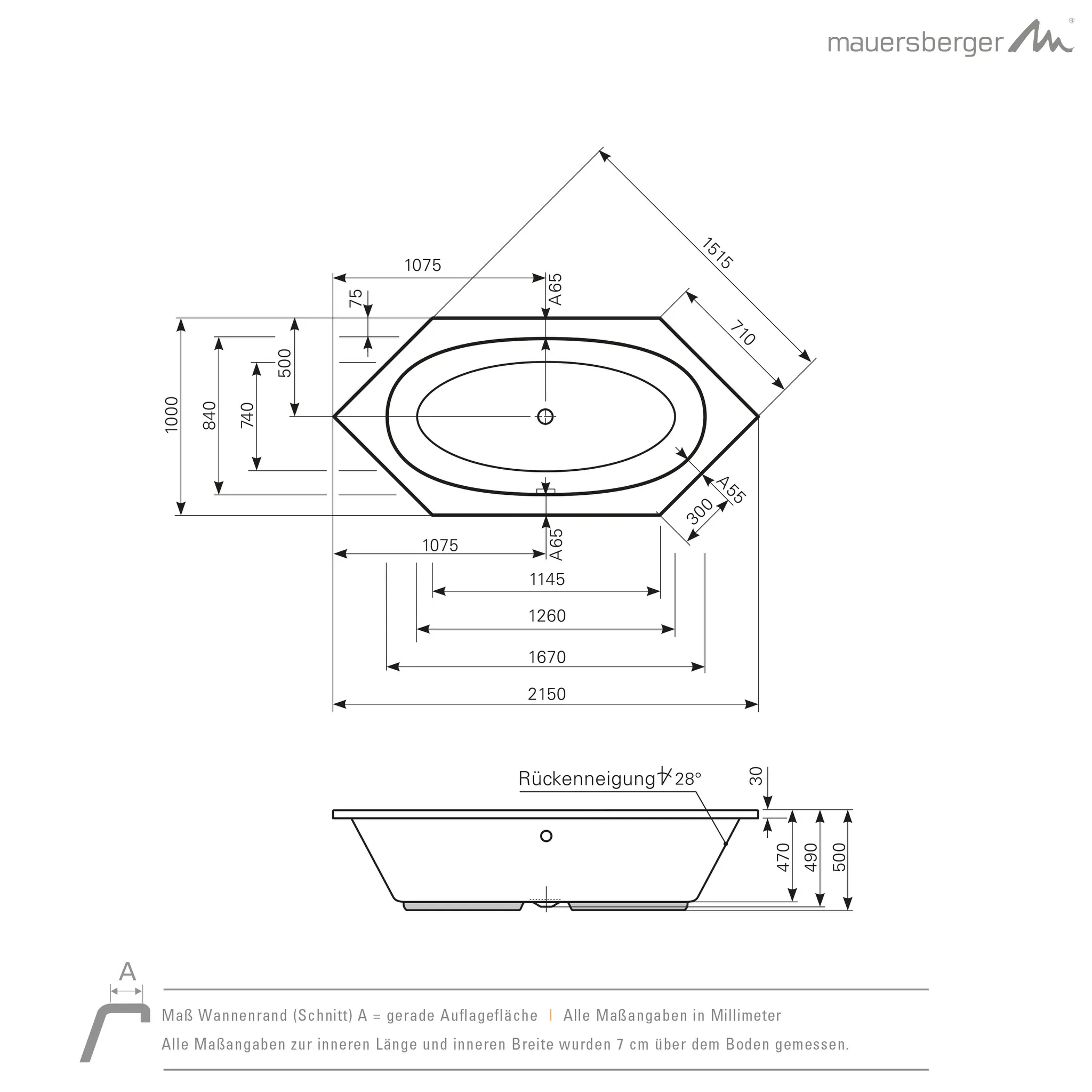 Mauersberger Acryl-Badewanne optusa 215⁄100 2150x1000x500, weiß