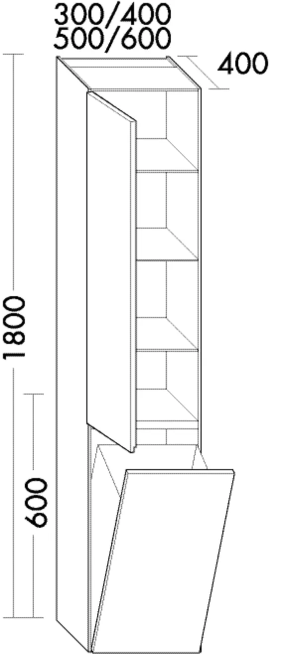 Hochschrank, 1 Tür;3 Glaseinlegeböden;1 fester Boden;1 Wäschekippe, Tiefe: 400 mm, Breite: 300 mm, Höhe: 1800 mm