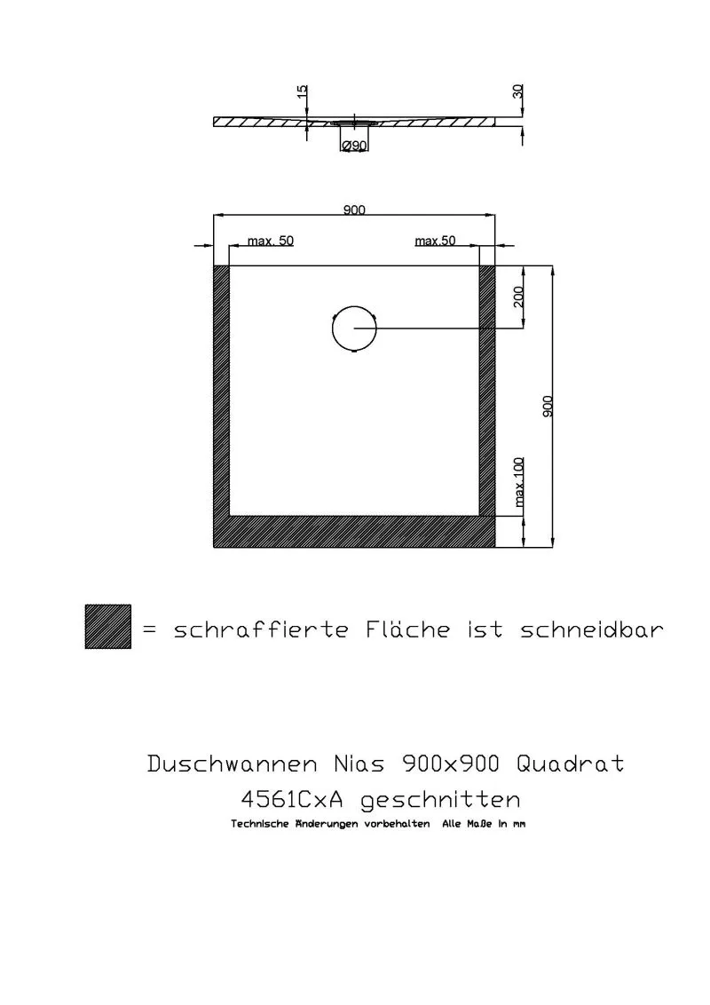 Hoesch rechteck Duschwanne geschnitten „Nias“ mit strukturierter Oberfläche 90 × 90 cm in Weiß
