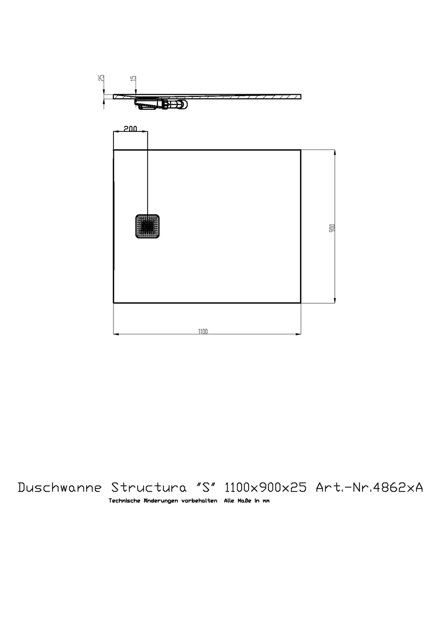 Duschwanne Structura ″S″ 1100x900x25 in gesoftete Schieferoptik, mit Antirutsch B, Material Solique, Weiß