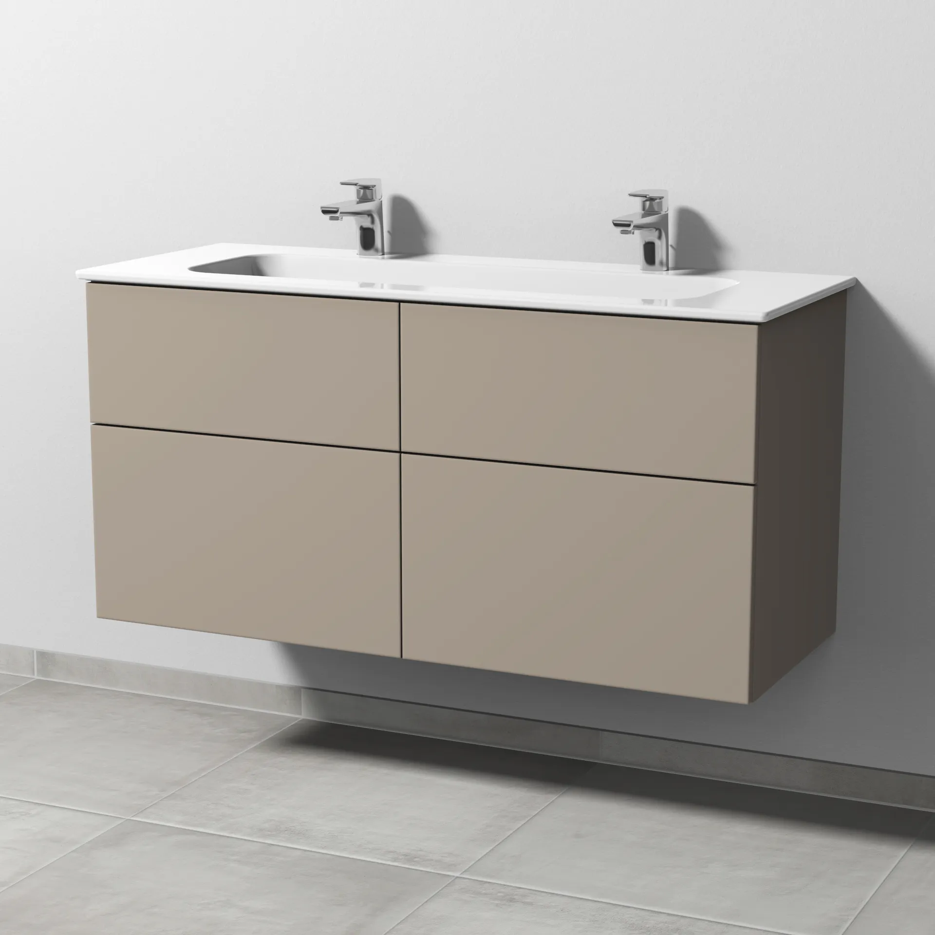 Keramik-Waschtisch-Set mit Waschtischunterschrank „3way“ 117 × 46 × 58,2 cm in Sandgrau (matt), mit Hahnlochbohrung, Becken mittig Keramik-Waschtisch-Set mit Waschtischunterschrank „3way“ 117 × 46 × 58,2 cm in Sandgrau (matt), mit Hahnlochbohrung, Becken mittig