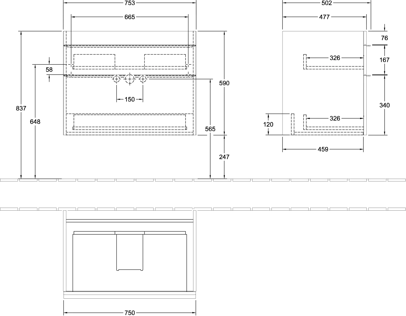 Villeroy & Boch Waschtischunterschrank „Venticello“ für Schrankwaschtisch 753 × 590 × 502 mm Cashmere Grey, für Becken mittig