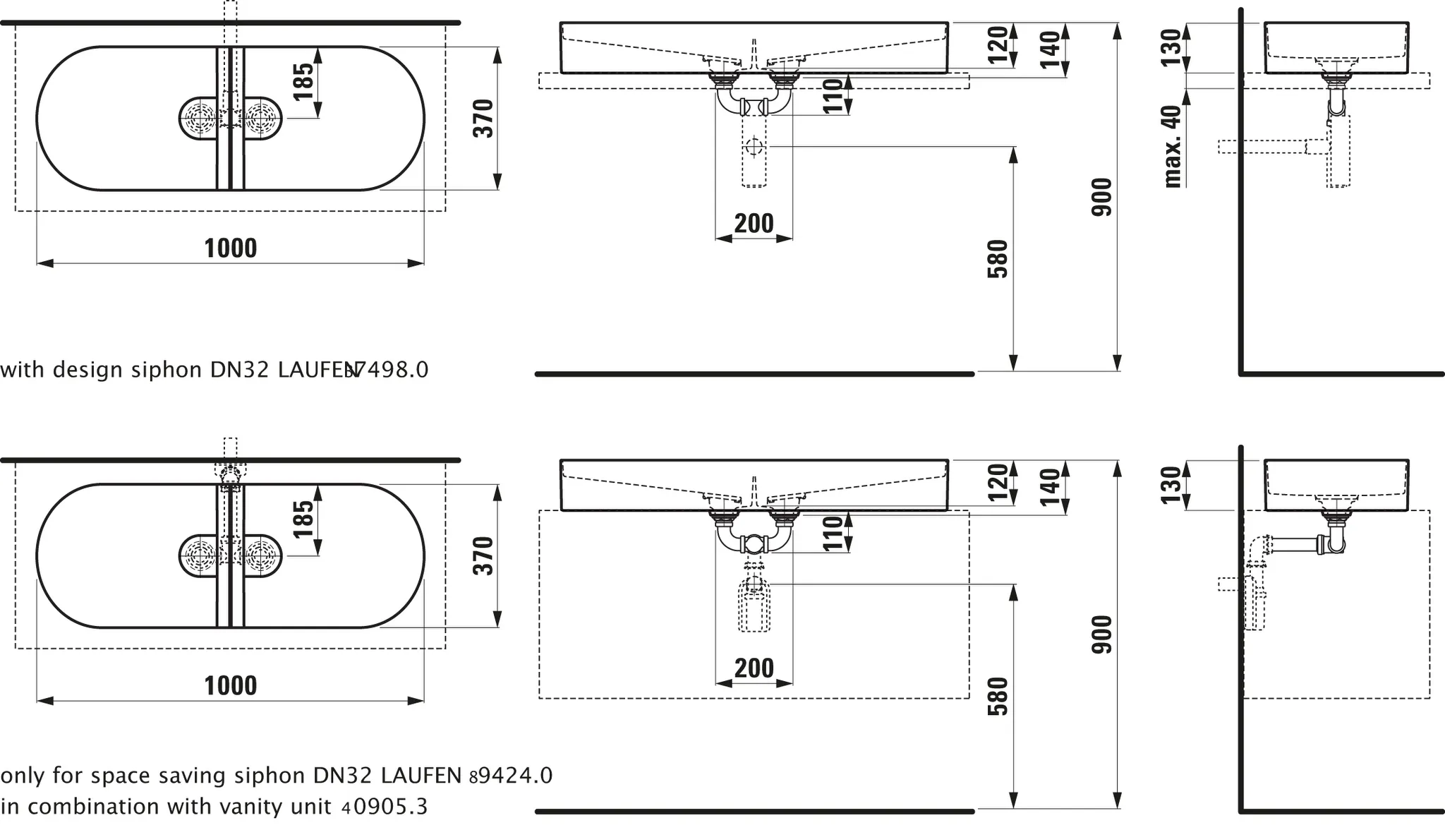 Doppelwaschtisch-Schale SONAR 370x1000x140 ohne Hahnloch ohne Überlauf weiß Doppelwaschtisch-Schale SONAR 370x1000x140 ohne Hahnloch ohne Überlauf weiß