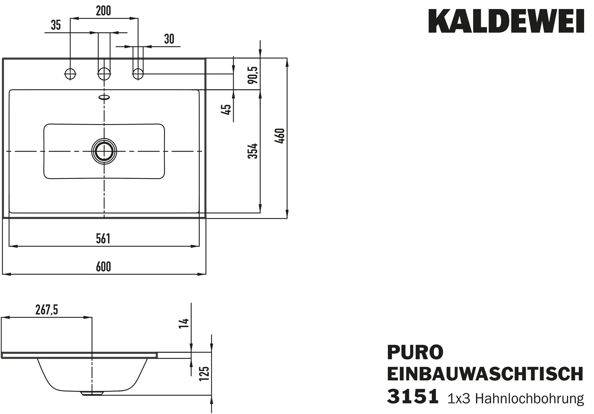 Einbauwaschtisch „Puro“ 60 × 46 cm, mit Überlauf in schwarz mit Perl-Effekt