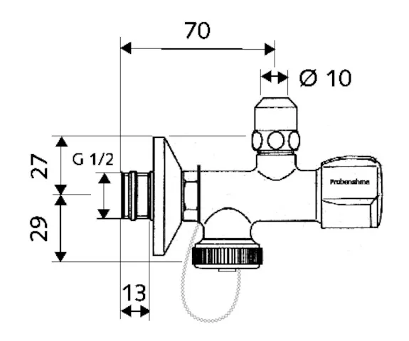 Probenahme-Eckventil, COMFORT-Griff, Schubrosette Ø 54 mm, DN 15 G 1/2 AG mit ASAG easy, Ø 10 mm (DN 10 G 3/8 AG), G 3/4 AG