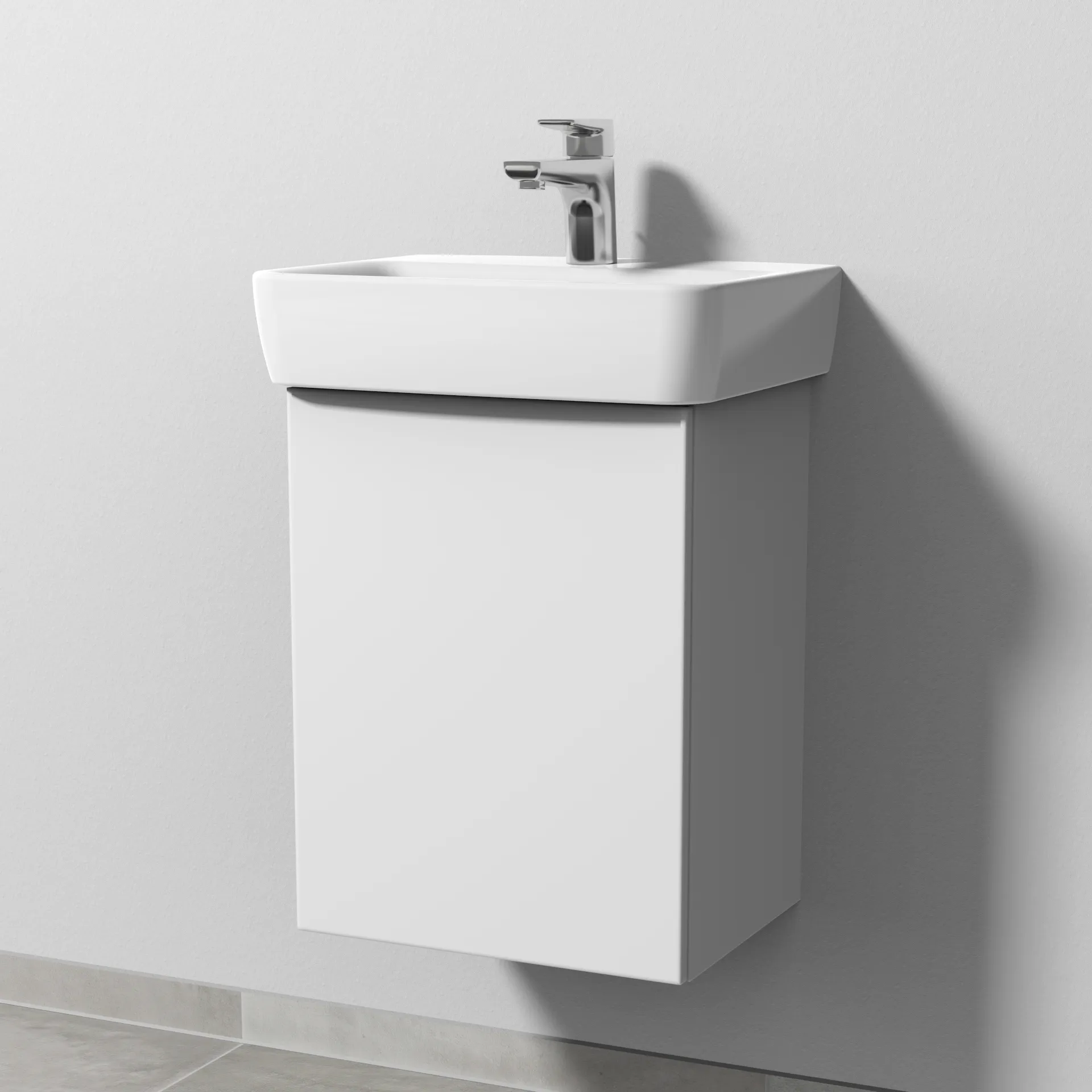 Sanipa Waschtischunterschrank „3way“ passend zu Keramik-Waschtische Renova Plan von Geberit 390 × 520 × 302 mm in Weiß-Soft, Anschlag links