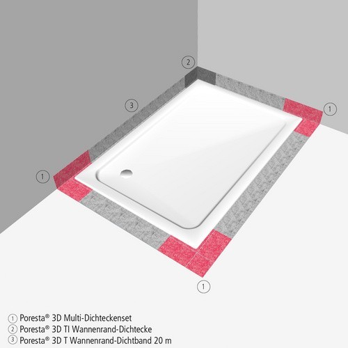 Dichtset poresta 3D Wannenrand-Dichtset, poresta 3D TI Innenecke für Wannenrand, poresta 3D Multi-Dichteckenset für bodenebene Duschwannen (3 Stück)