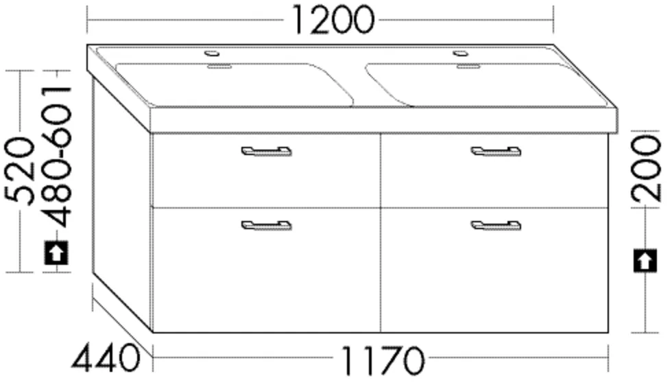 Waschtischunterschrank Sys30 von burgbad – Laufen Meda H814112, 2 Schubladen oben, 350 mm tief, Siphonausschnitt, 2 Auszüge unten, 350 mm tief, Tiefe: 440 mm, Breite: 1.260 mm, Höhe: 520 mm