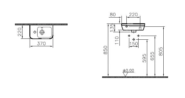 Integra Handwaschbecken 37 x 22 cm Ablage links mit Hahnloch links mit Überlauf Weiß Hochglanz