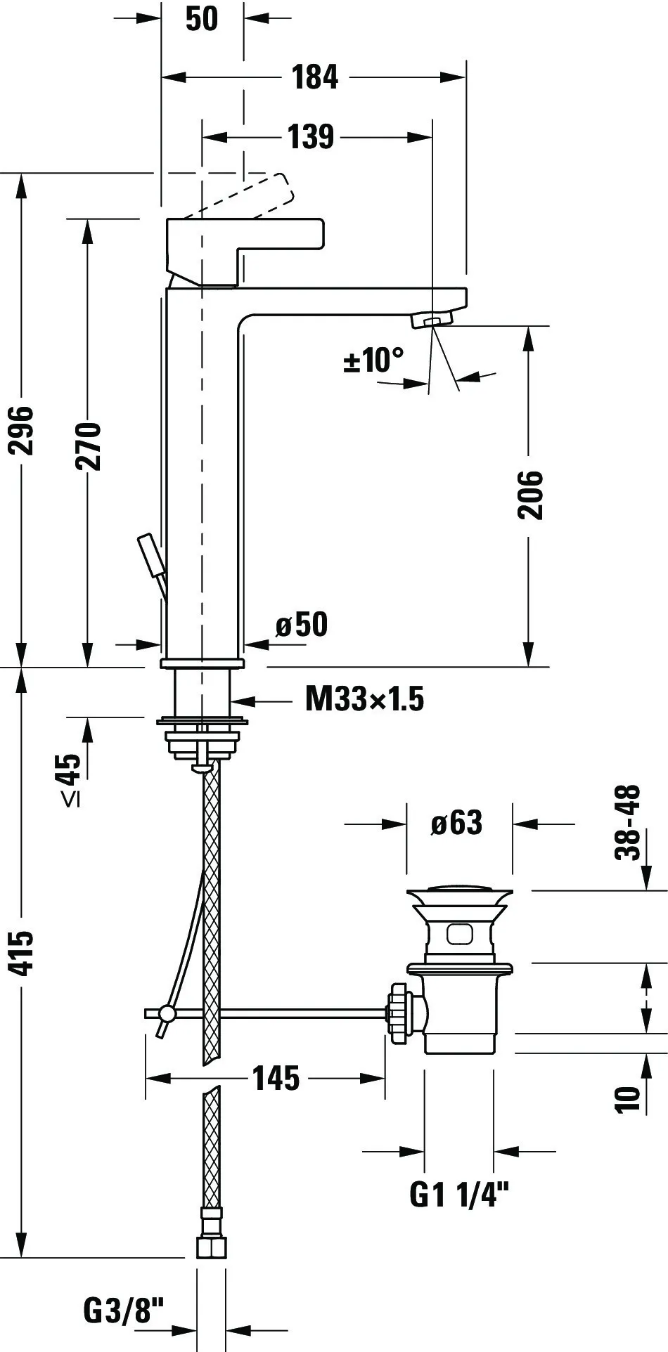 D-Neo Einhebel-Waschtischmischer L mit Zugstange, Ausladung 139mm