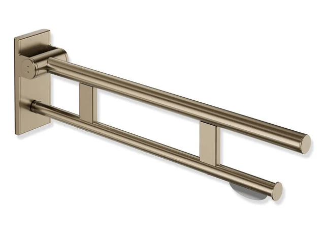 HEWI Stützklappgriff Duo System 900, Design A, Edelstahl PVD bronze gebürstet, Ausladung 700 mm, mit WC-Papierhalter