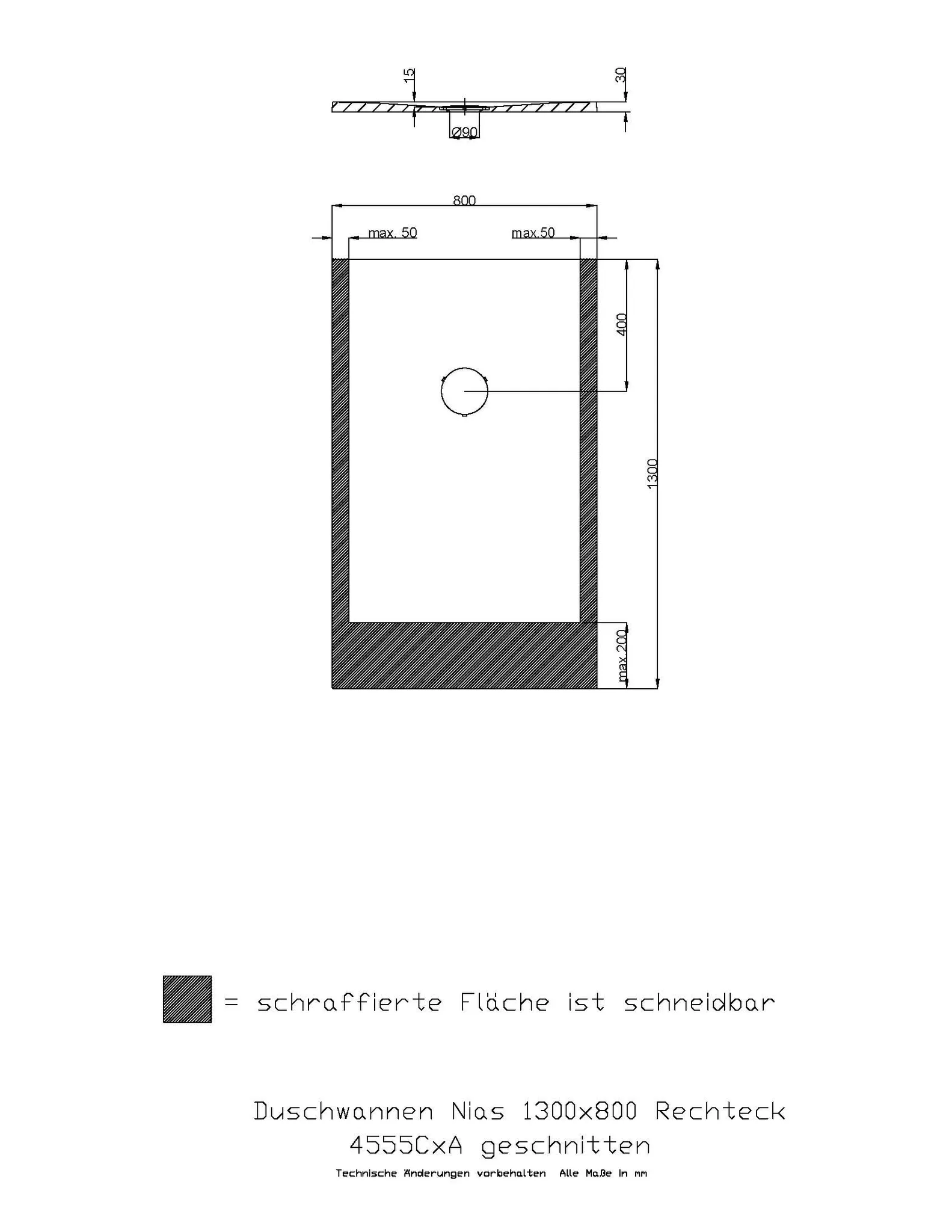 Hoesch Nias Duschwanne Mineralguss Solique, 1300x800x30, Weiß