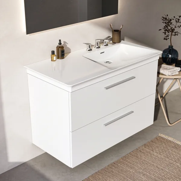 Ideal Standard Möbelwaschtischunterschrank i.life B 2 Auszüge Siphon rechts 1000x505x630mm Weiß matt Ideal Standard Möbelwaschtischunterschrank i.life B 2 Auszüge Siphon rechts 1000x505x630mm Weiß matt