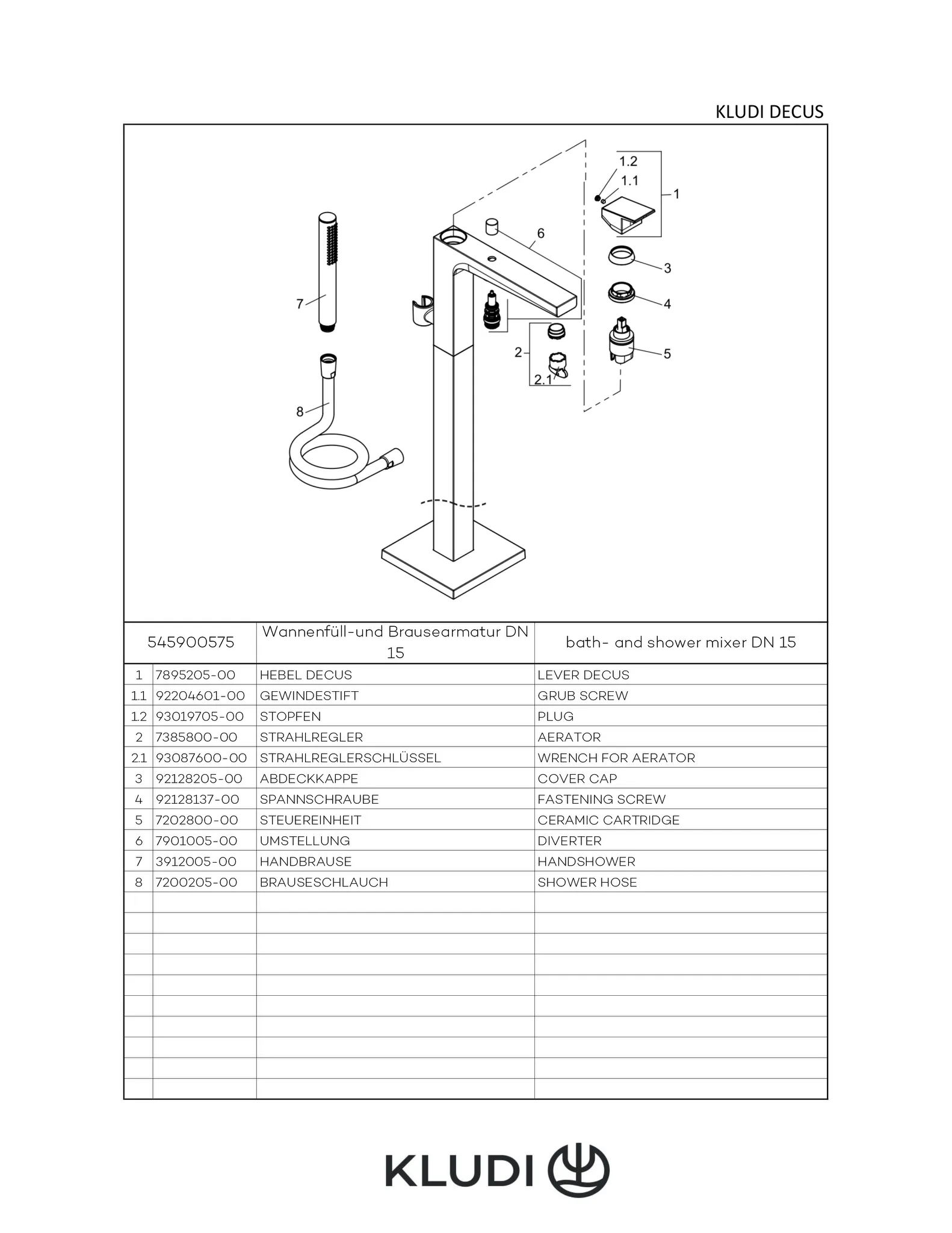 Kludi-DECUS Wannenfüll- und Brause-Einhandmischer chrom, Standmontage für freistehende Wannen, DN 15, 545900575