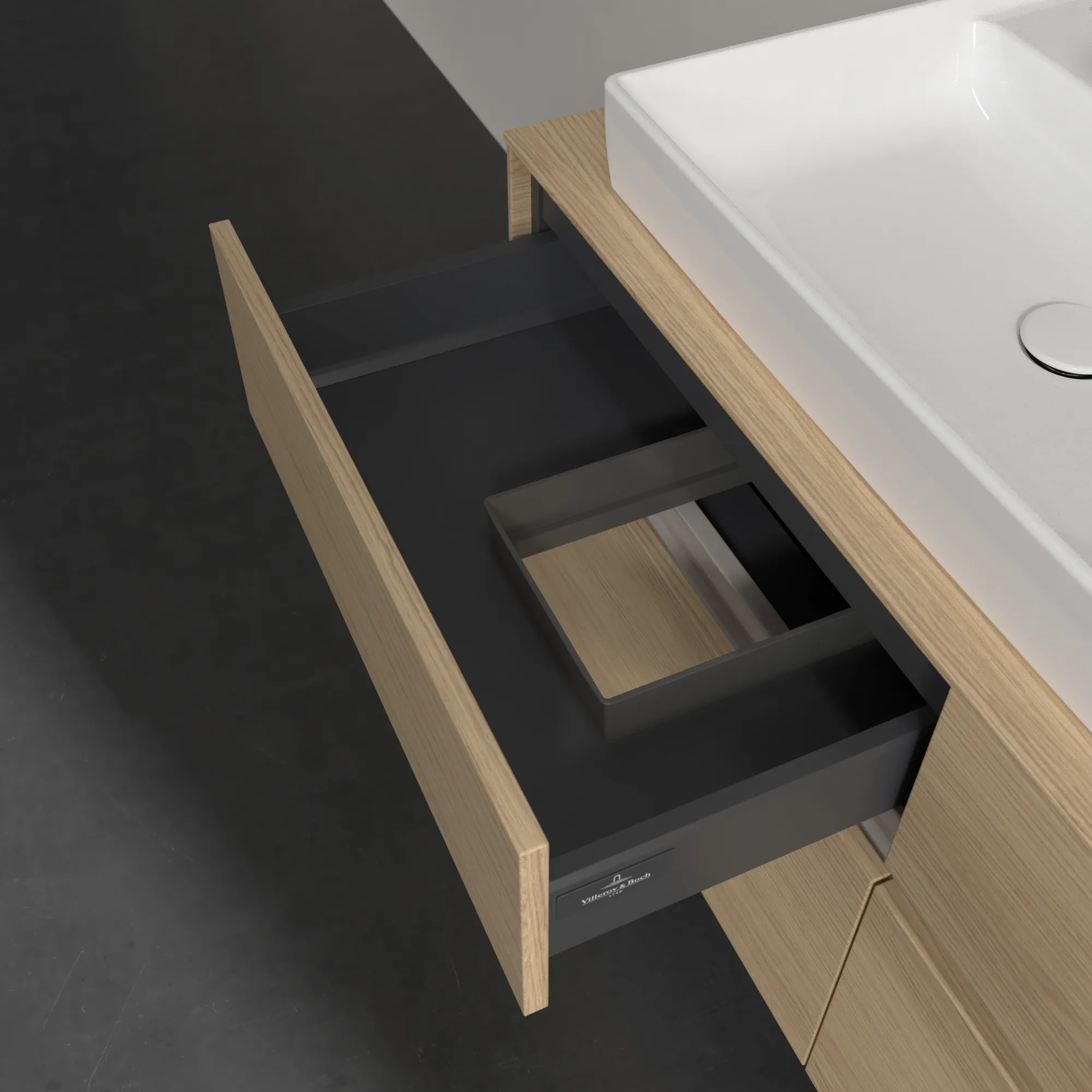 Villeroy & Boch Waschtischunterschrank „Collaro“ 1200 × 548 × 500 mm Nordic Oak, mit Beleuchtung, für Becken links Villeroy & Boch Waschtischunterschrank „Collaro“ 1200 × 548 × 500 mm Nordic Oak, mit Beleuchtung, für Becken links